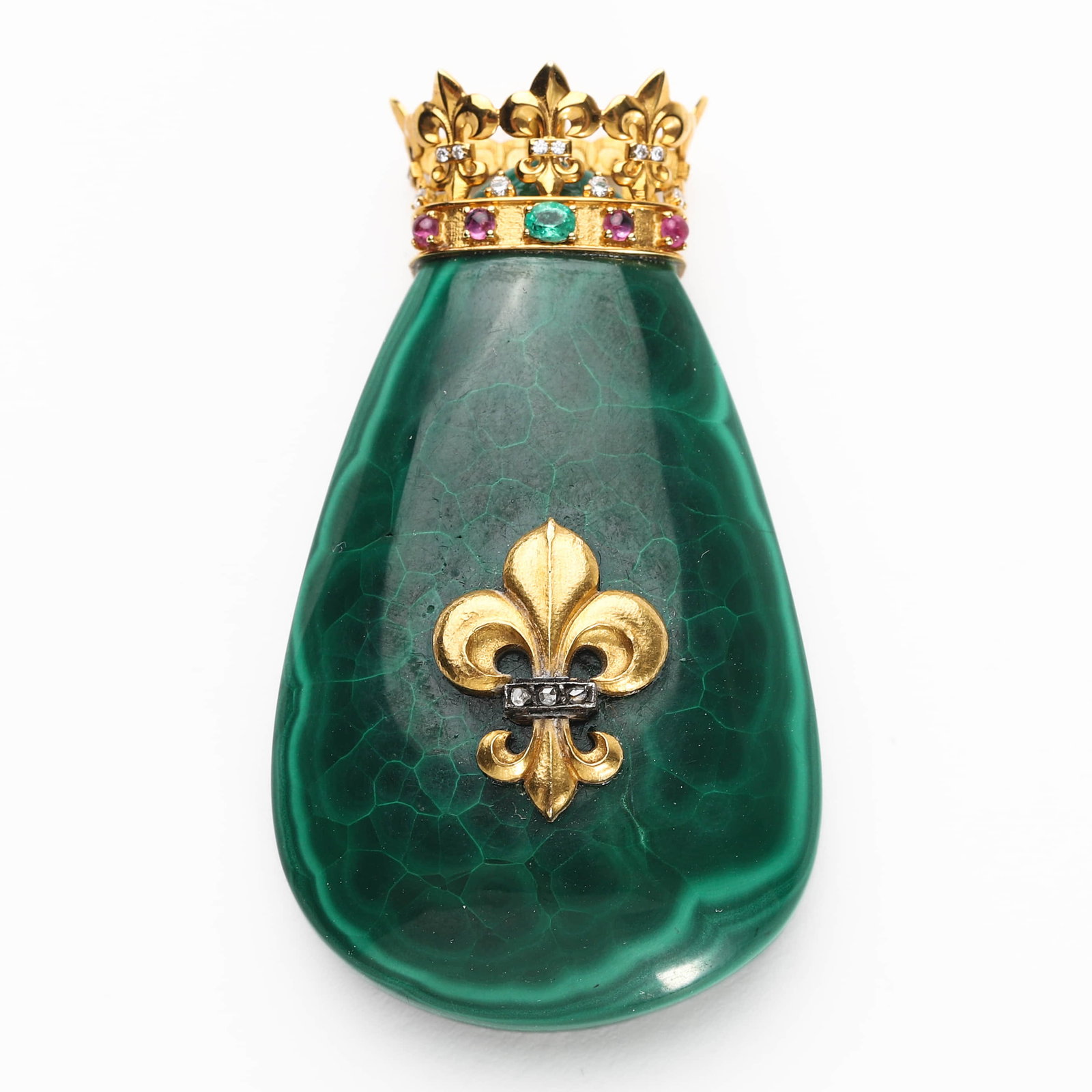 MALACHITE, DIAMOND, RUBY, AND EMERALD "FONTAINEBLEAU" PENDANT: Height: 2 3/16 in. (5.5 cm), Weight: 48.5 g This exquisite pendant features a finely polished drop-shaped malachite body surmounted by a regal 18k yellow gold crown adorned with diamonds, rubies, and 