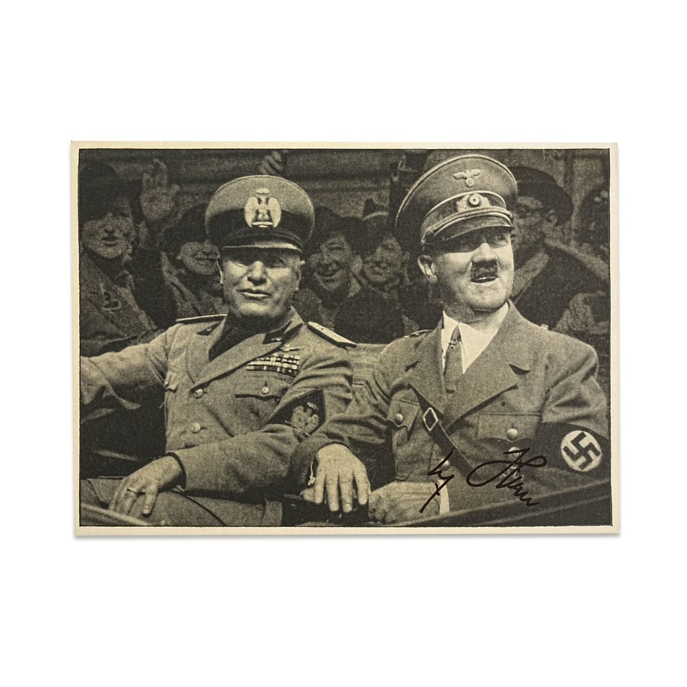 ADOLF HITLER SIGNED PHOTOGRAPHIC POSTCARD (WITH BENITO MUSSOLINI, WWII PERIOD) (1 of 2)