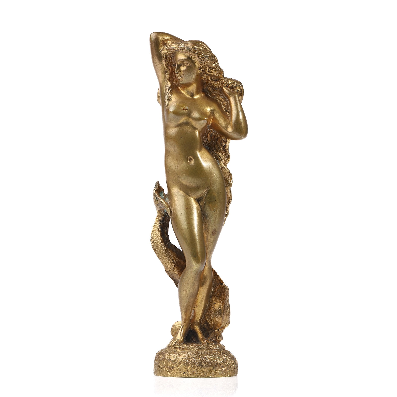 AN ANTIQUE GILT BRONZE WAX SEAL STAMP WITH FIGURAL NUDE HANDLE: Dimensions Height: 4 3/4 in (12 cm); Weight: 260 g Description This impressive antique wax seal stamp is crafted in gilt bronze and modeled as a fully sculptural nude female figure standing gracefully