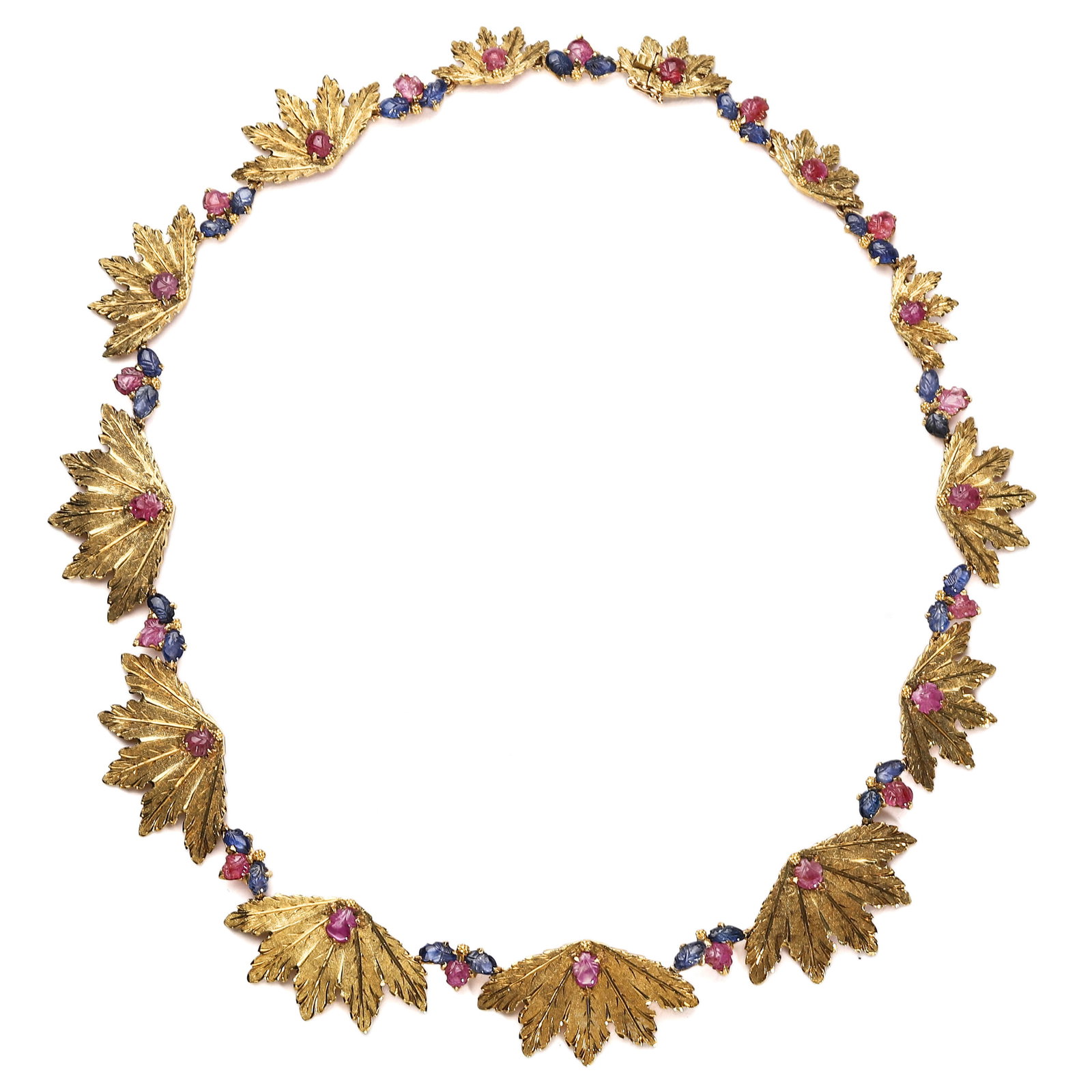 A GEM-SET GOLD LEAF NECKLACE, BY BUCCELLATI: Length: 16 15/16 in. (43 cm), Weight: 42.1 g With a signature engraved on the reverse, in original fitted case stamped "Mario Buccellati, Milano-Roma-Firenze, New York-Palm Beach." Description and Ana