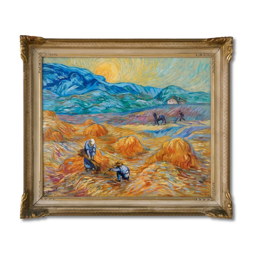 VINCENT VAN GOGH (1853-1890), ATTRIBUTED TO, OIL ON CANVAS: Signed (lower left) Image Dimensions: 60 x 50 cm (23 3/4 x 19 3/4 in) Framed Dimensions: 72 x 62 cm (28 3/8 x 24 3/8 in) This painting comes with COA. This painting presents a vivid depiction of harve