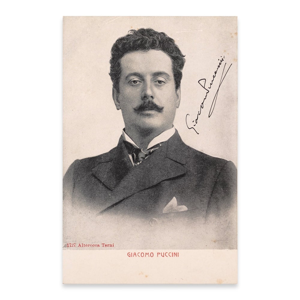GIACOMO PUCCINI SIGNED PORTRAIT POSTCARD: 5 1/2 x 3 1/2 in (14 x 9 cm) Provenance and Authentication: This collectible has undergone a rigorous forensic evaluation. The signatures were carefully analyzed across multiple criteria, including