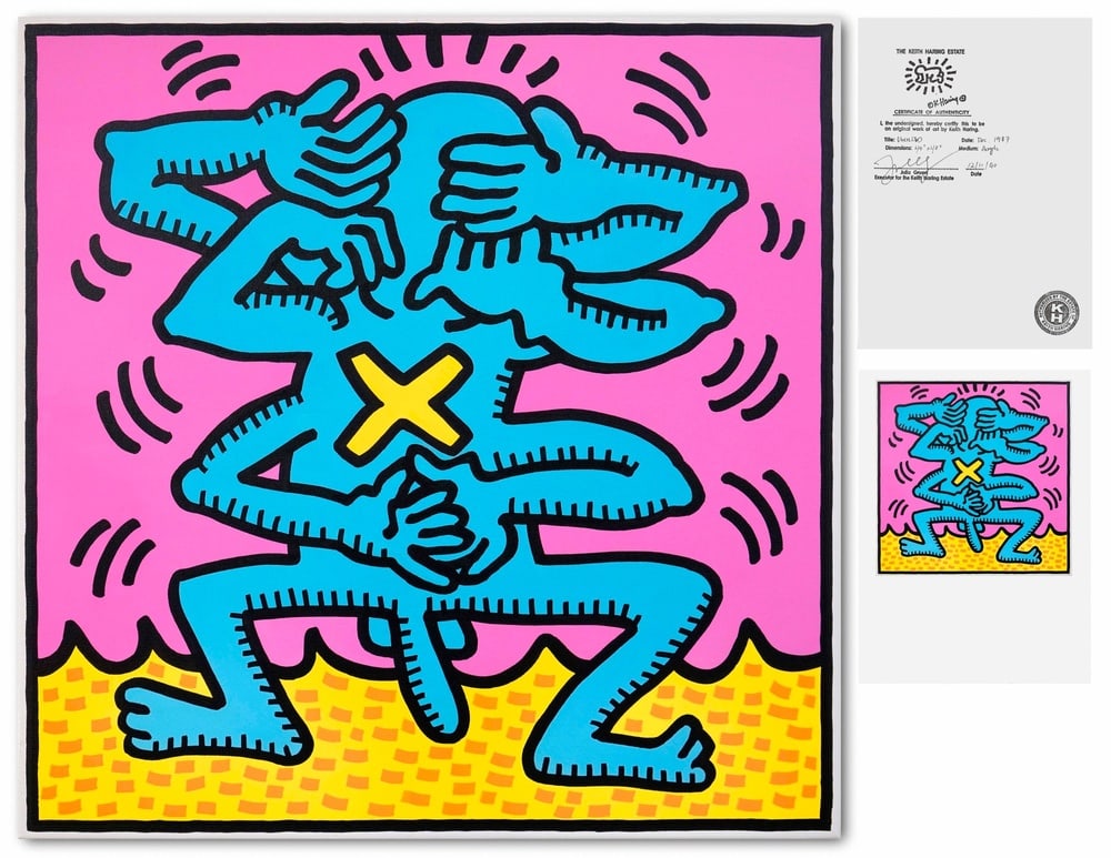 KEITH HARING (1958-1990), ATTRIBUTED TO, ACRYLIC ON CANVAS: Signed (verso) Image Dimensions: 102 x 102 cm (40 1/8 x 40 1/8 in) All measurements are approximate. Created in 1987, this Untitled painting by Keith Haring exemplifies the American artist's late-peri