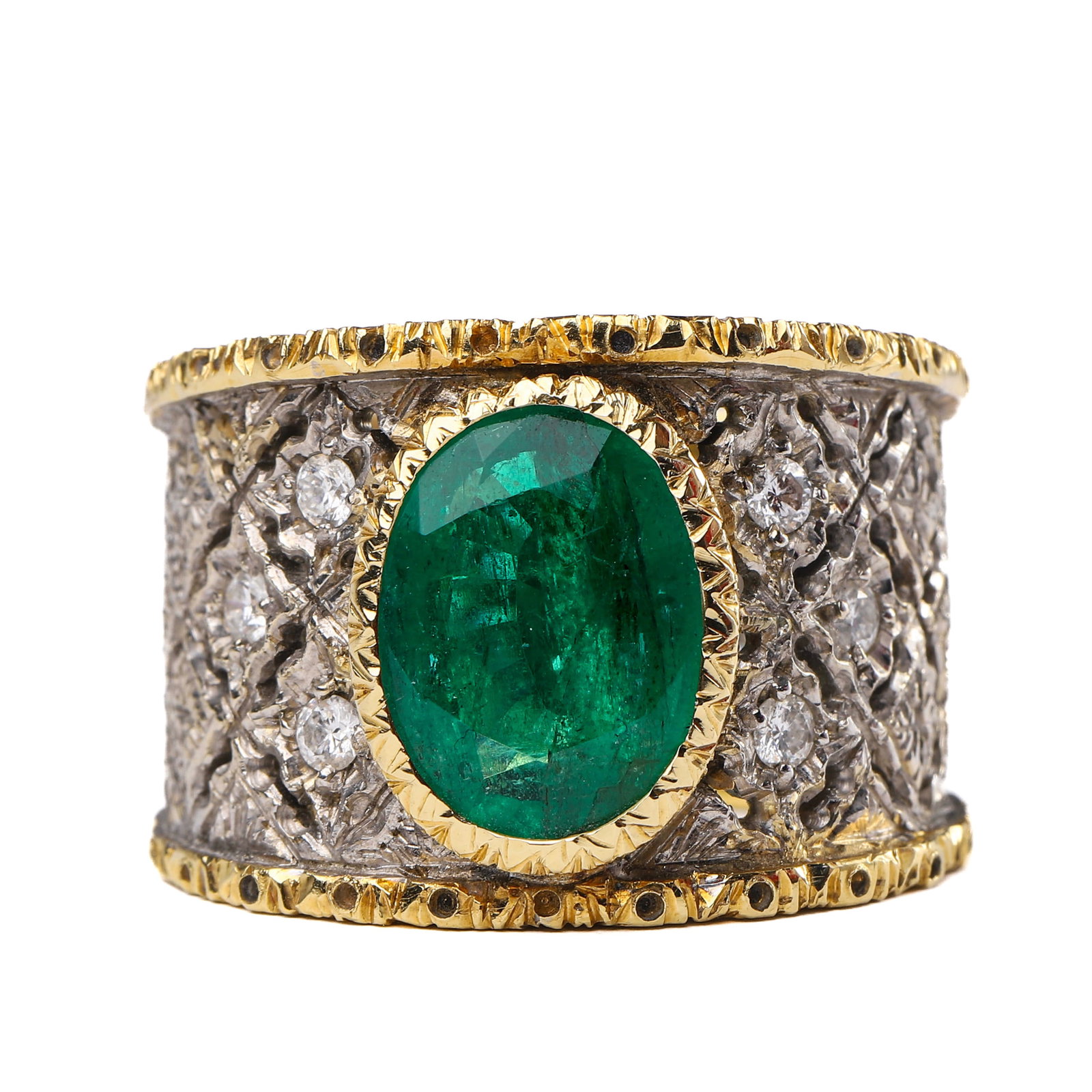 ART DECO PERIOD (1925-1935) ITALIAN CUSTOM 18K TWO-TONE GOLD COLOMBIAN EMERALD AND DIAMOND RING: Description: A bespoke Art Deco ring crafted for Italian nobility, showcasing the iconic openwork gold carving style of the era. This exquisite piece is meticulously handcrafted in 18K two-tone gold, 