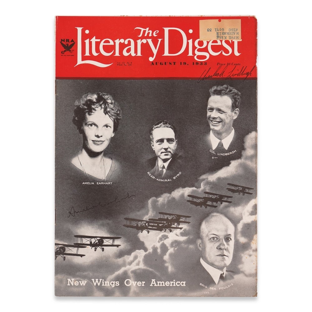 AMELIA EARHART & CHARLES LINDBERGH SIGNED "THE LITERARY DIGEST" MAGAZINE: 11 7/8 x 8 1/2 in (30.2 x 21.6 cm) Provenance and Authentication: This collectible has undergone a rigorous forensic evaluation. The signatures were carefully analyzed across multiple criteria, includ