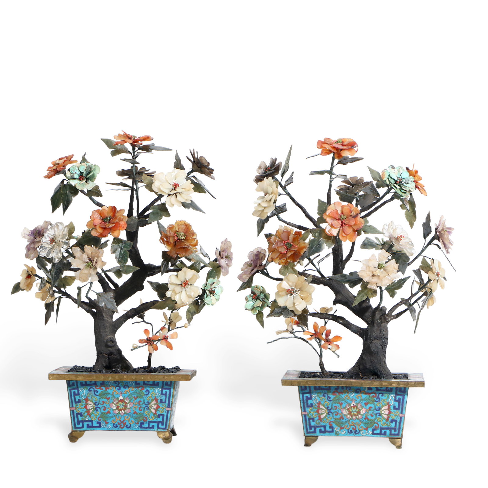 Chinese A pair of cloisonn?? jade bonsai: Height 56cm, Length 39cm, Width 23cm