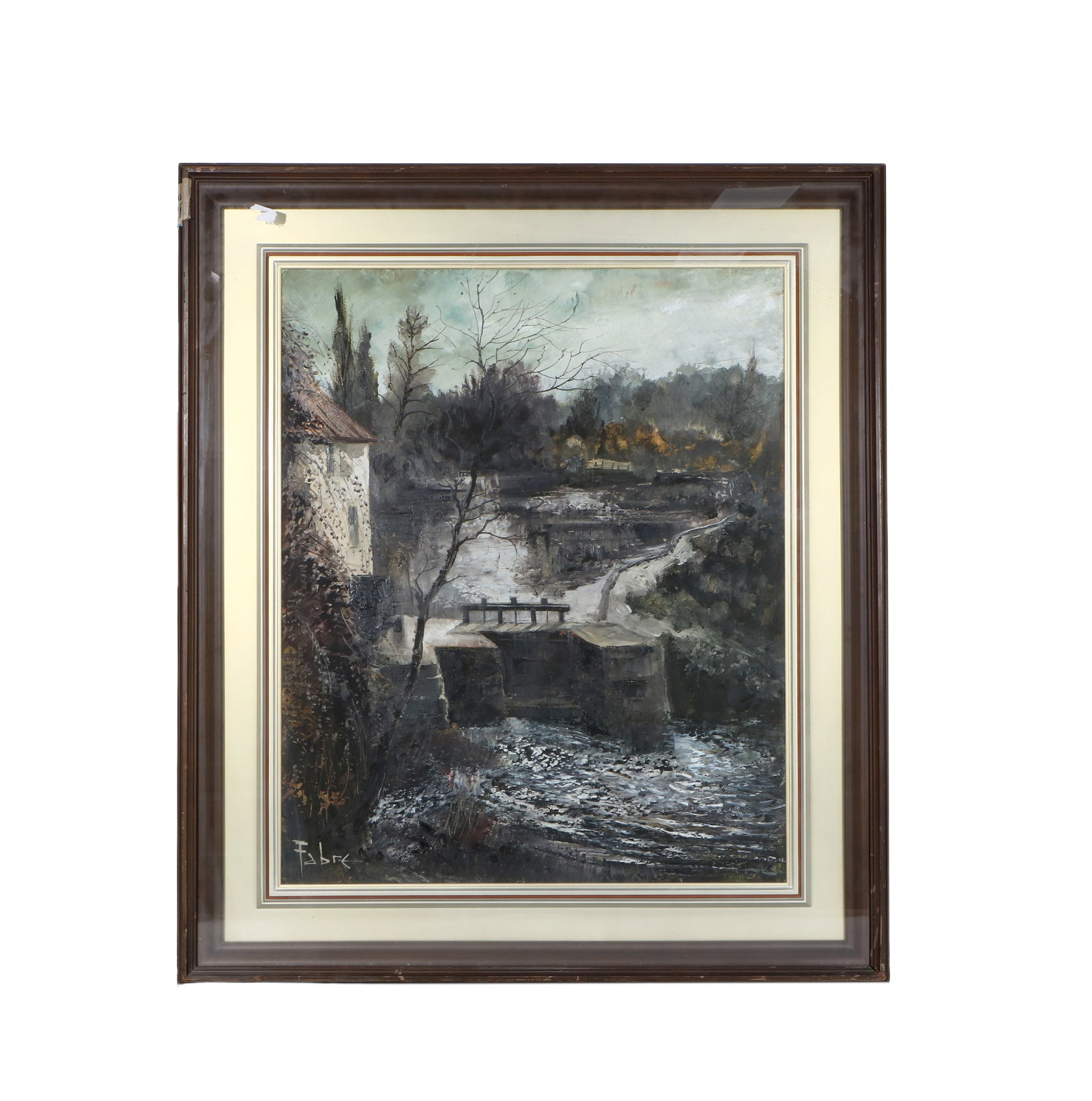 Fabre Riverside Mill Landscape Oil Painting: Frame height 96cm, width 83cm; Core height 71cm, width 58cm