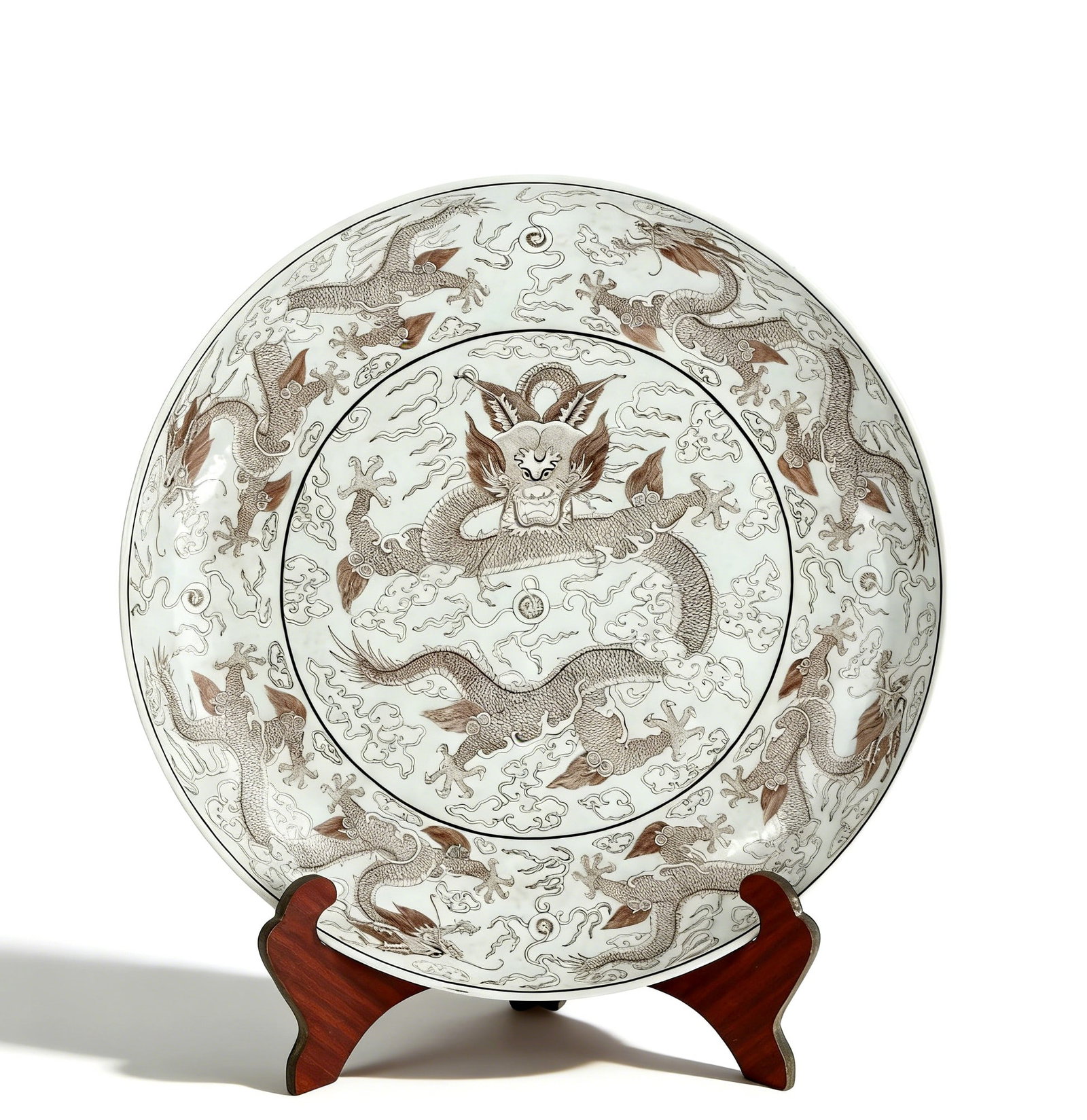Chinese Chuxiugong Mark SystemLarge iron-red Nine Dragons Plate: Length 47cm, Height 8.5cm