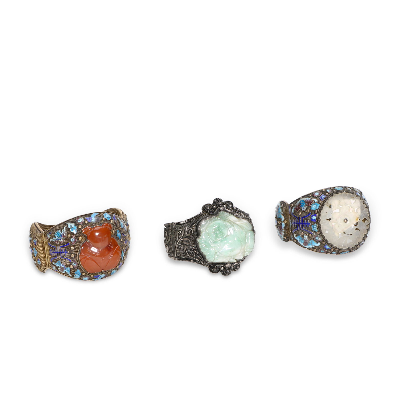 Chinese A set of silver cloisonn?? enamel and gemstone inlaid bracelets: Average width 5cm, average diameter 5.5cm