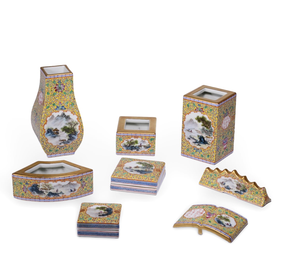 Chinese A set of yellow-ground famille rose porcelain: Different sizes