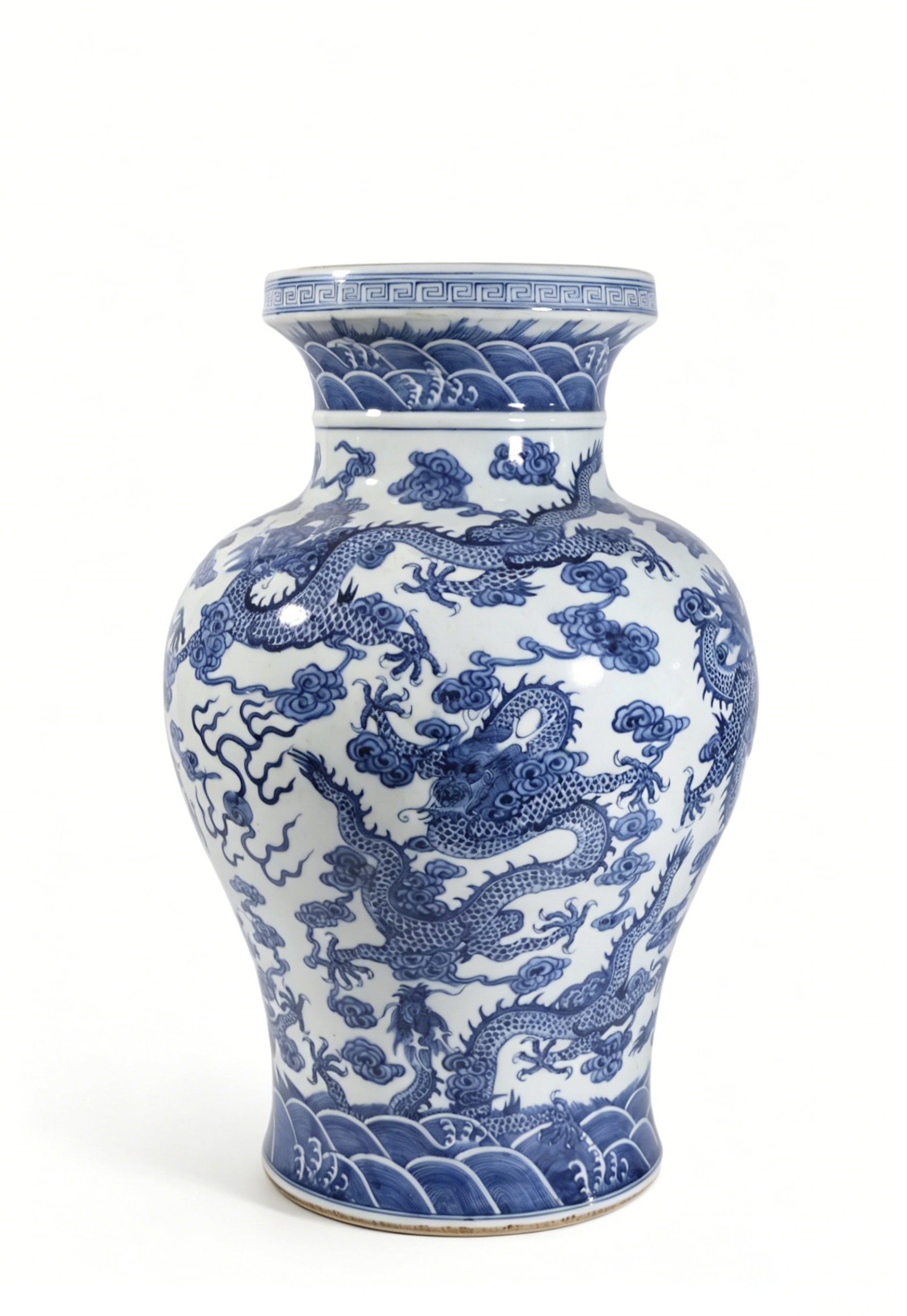 Chinese Ming Dynasty Blue and white porcelain vase with dragon and sea wave design: Length 26cm Height 42cm