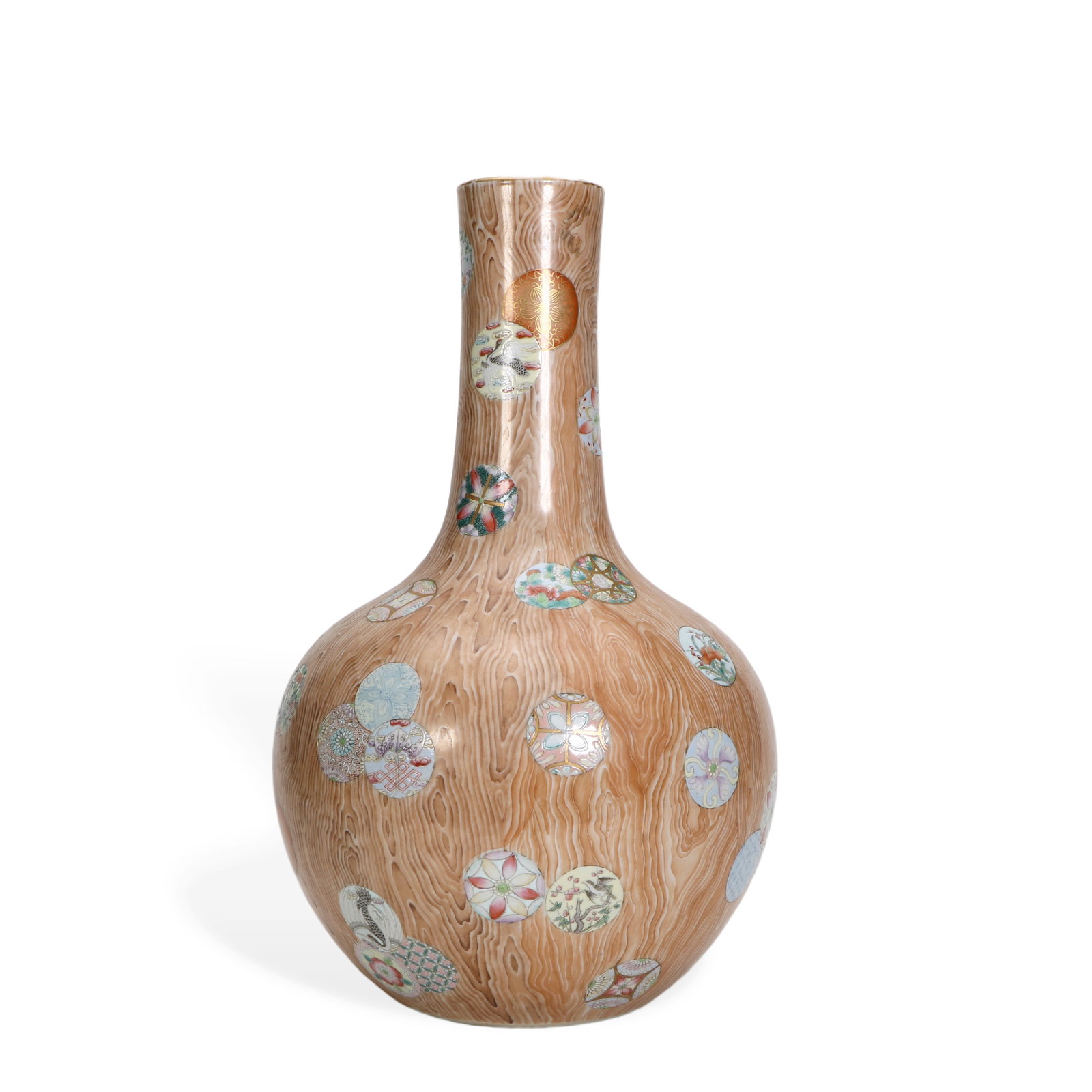 Chinese Wood-grain glazed floral-patterned celestial globe vase: Height 31cm, Belly diameter 17cm