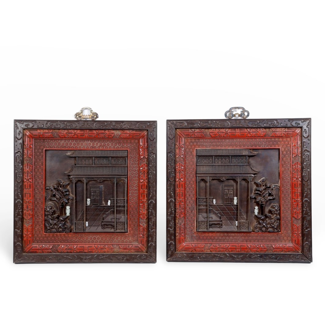 Chinese A pair of sandalwood hanging screens inlaid with jade figures (1 of 10)