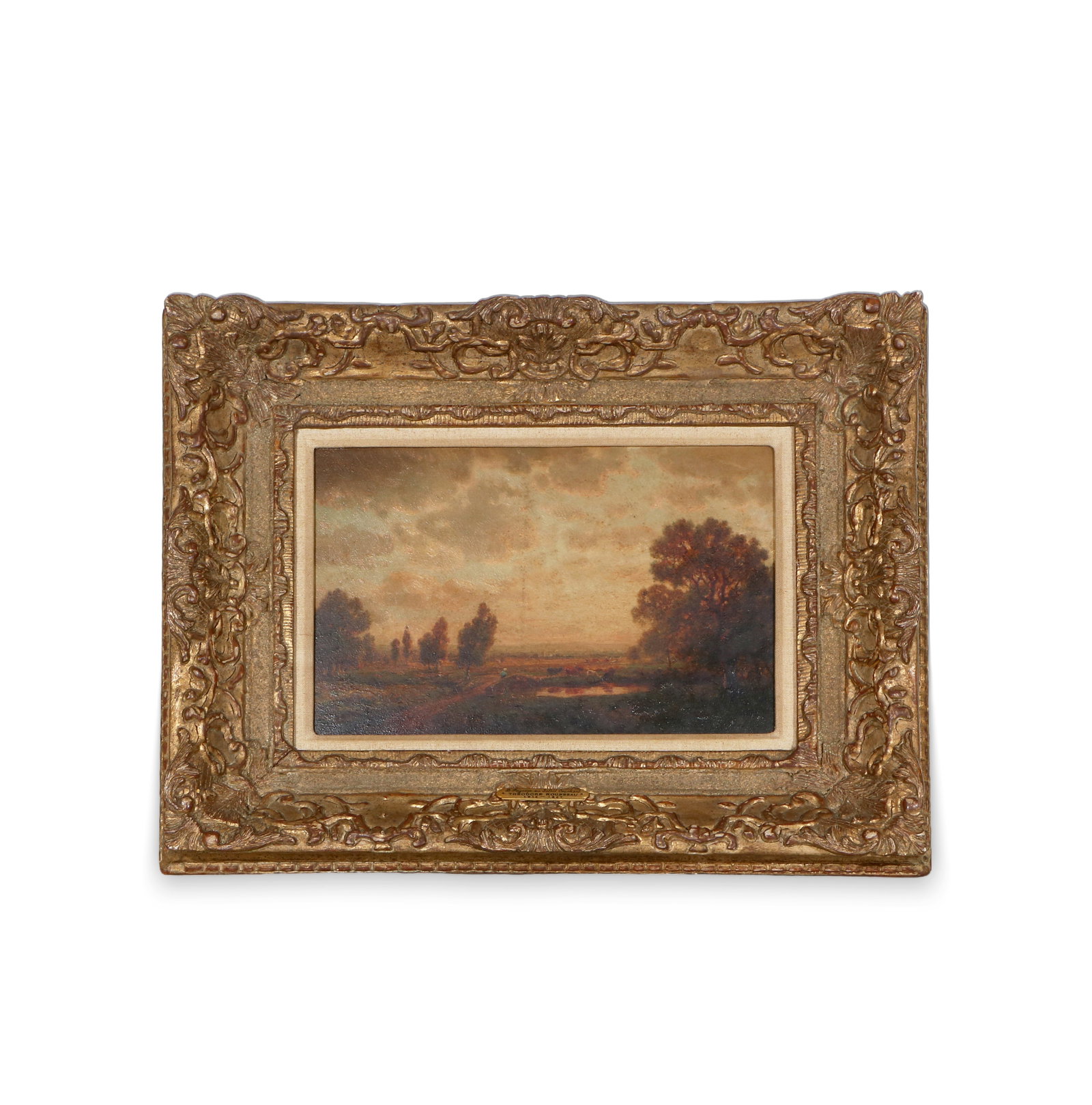 ??tienne Pierre Th??odore Rousseau, Twilight Narrative on Panel (oil): The frame is 44cm high and 54.5cm wide; the core is 22cm high and 32.2cm wide.