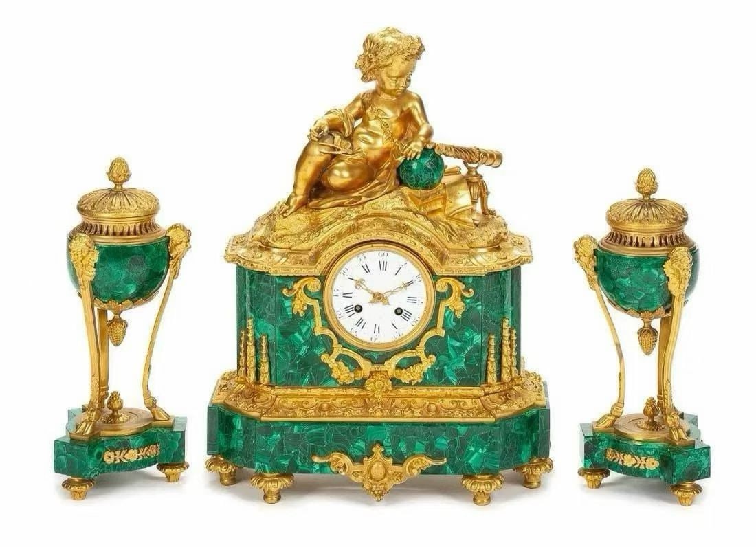 19th-century French gilt bronze malachite Cupid tiampiece set (three pieces): 50 cm tall