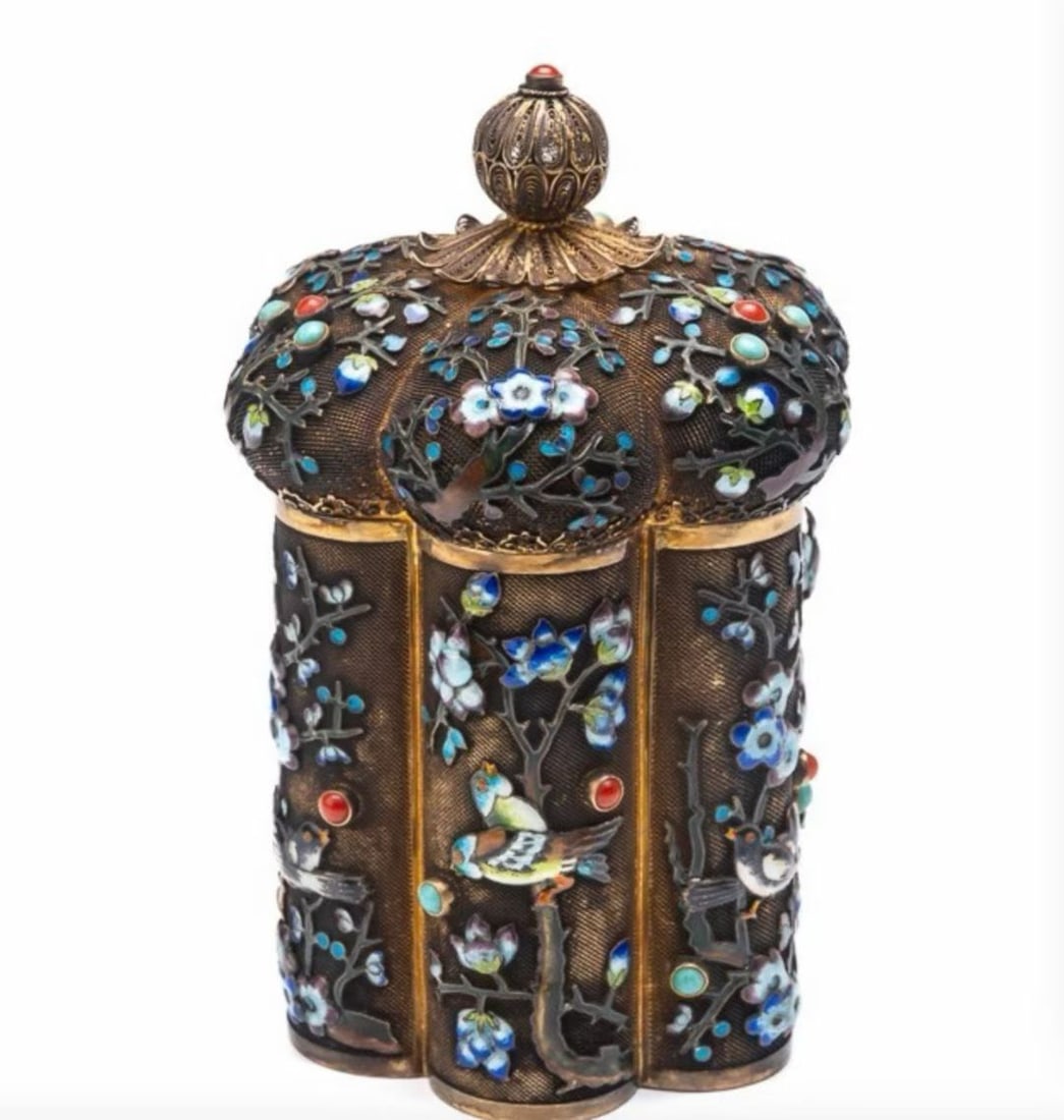 Sterling silver gilt inlaid gem tea canister (1 of 5)