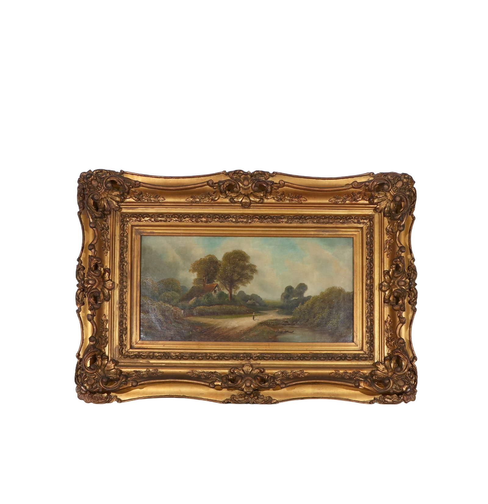 19th-century pastoral landscape oil painting: Frame height 64cm, width 94cm; Core height 29cm, width 59cm