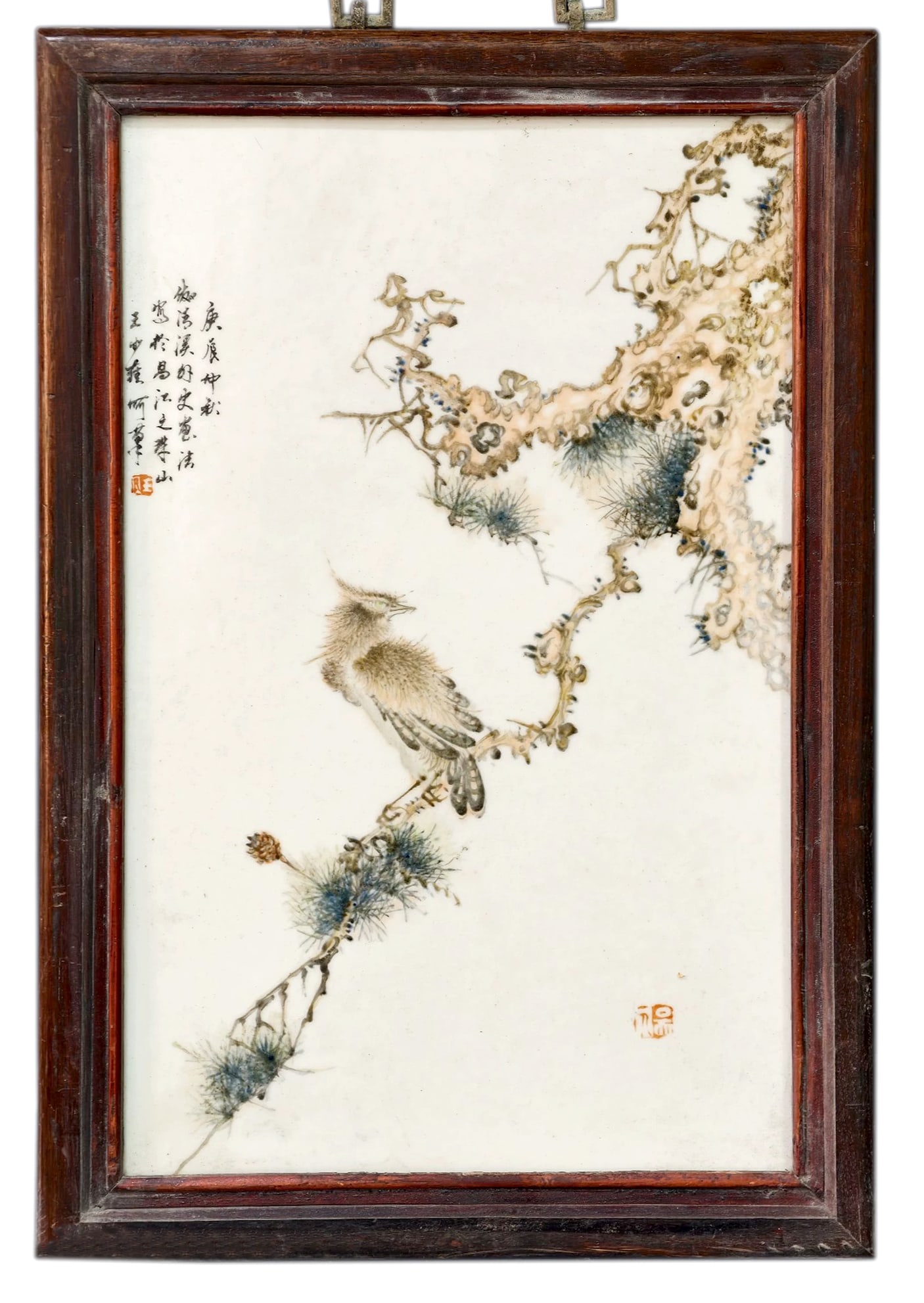 Chinese Wang Shaowei Mark famille rose porcelain plaque depicting flowers and birds.: Total height 50cm, width 35cm