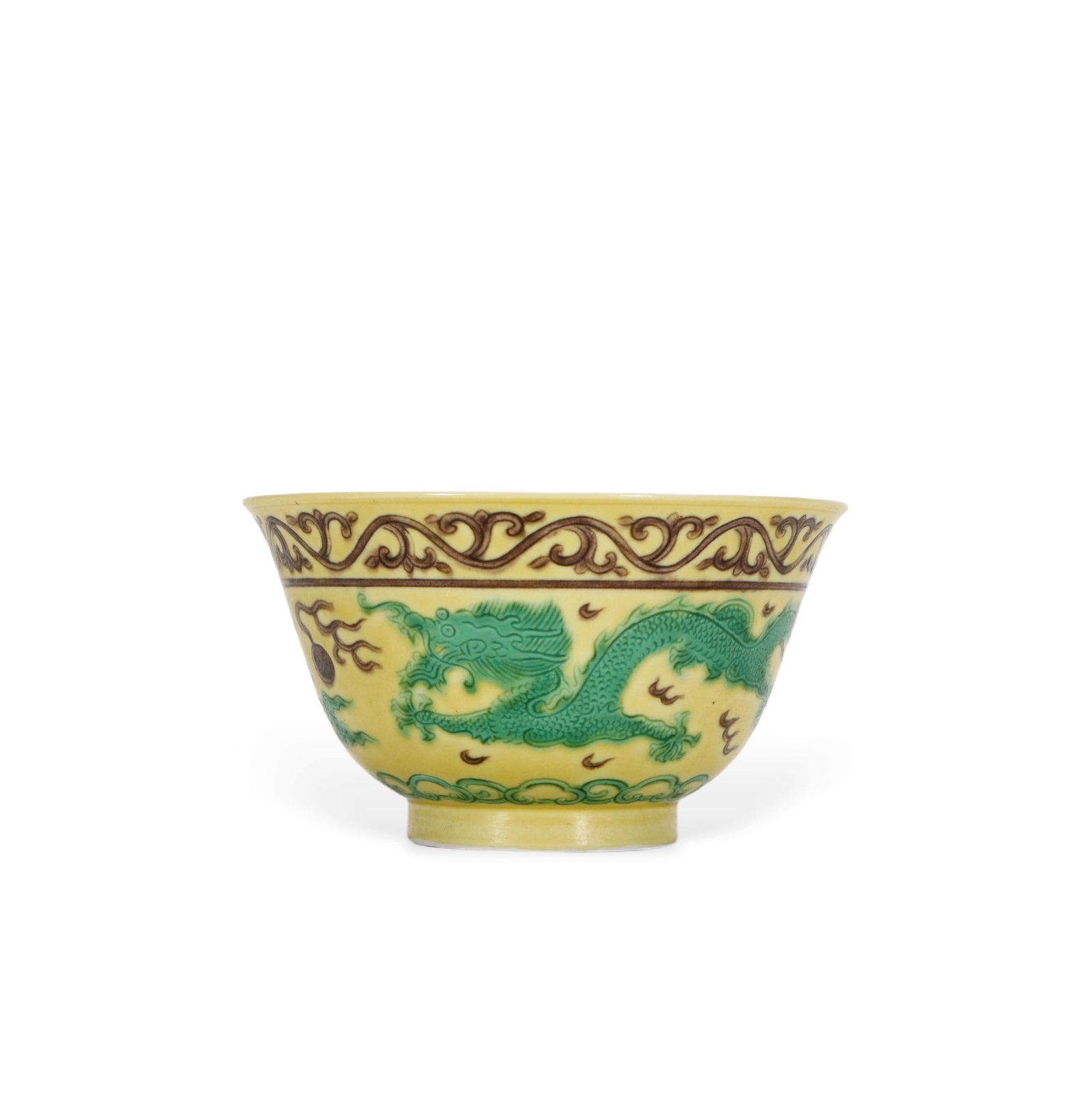 Chinese Yellow-based bowl with green dragon design: Height 5.5cm, Mouth Diameter 10cm