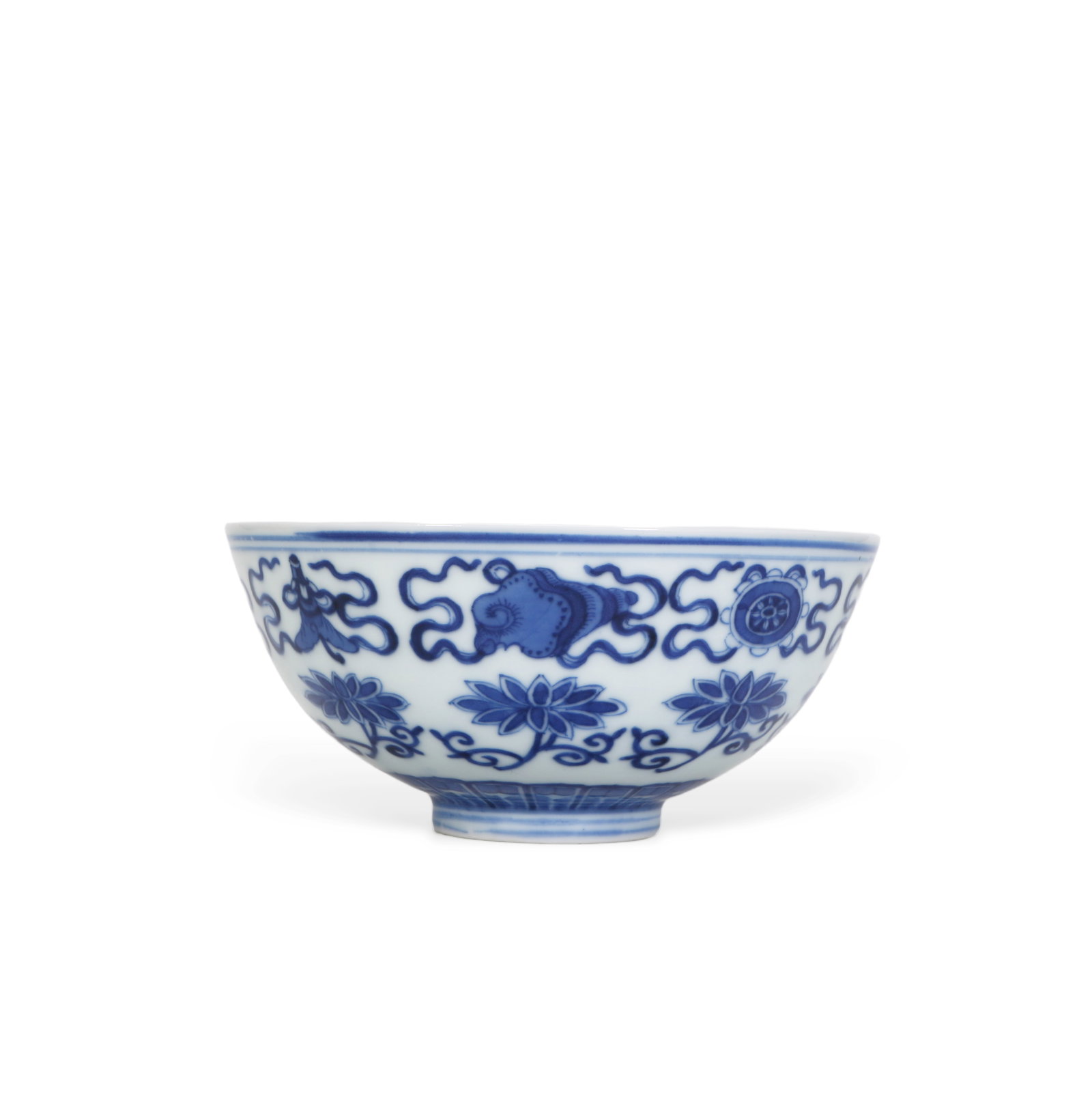 Chinese Blue and white porcelain bowl with eight auspicious symbols: Height 6.5cm, Mouth Diameter 13.8cm