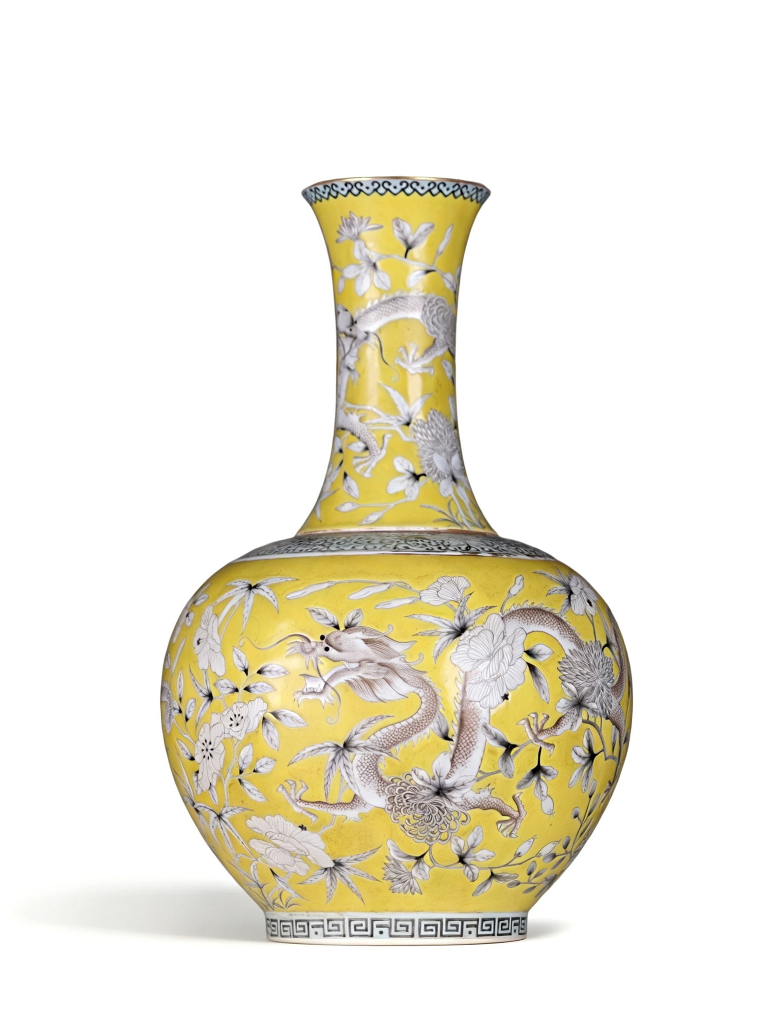 Chinese Qing Dynasty Yellow-ground Ink-painted Dragon and Floral Pattern Appreciation Vase (1 of 7)