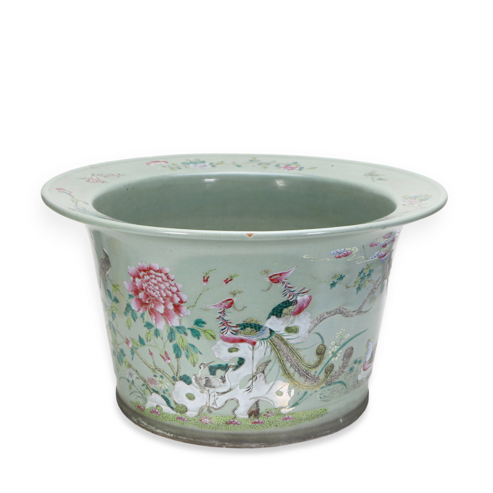 Chinese Large celadon-glazed flowerpot with famille rose floral and bird designs (1 of 5)