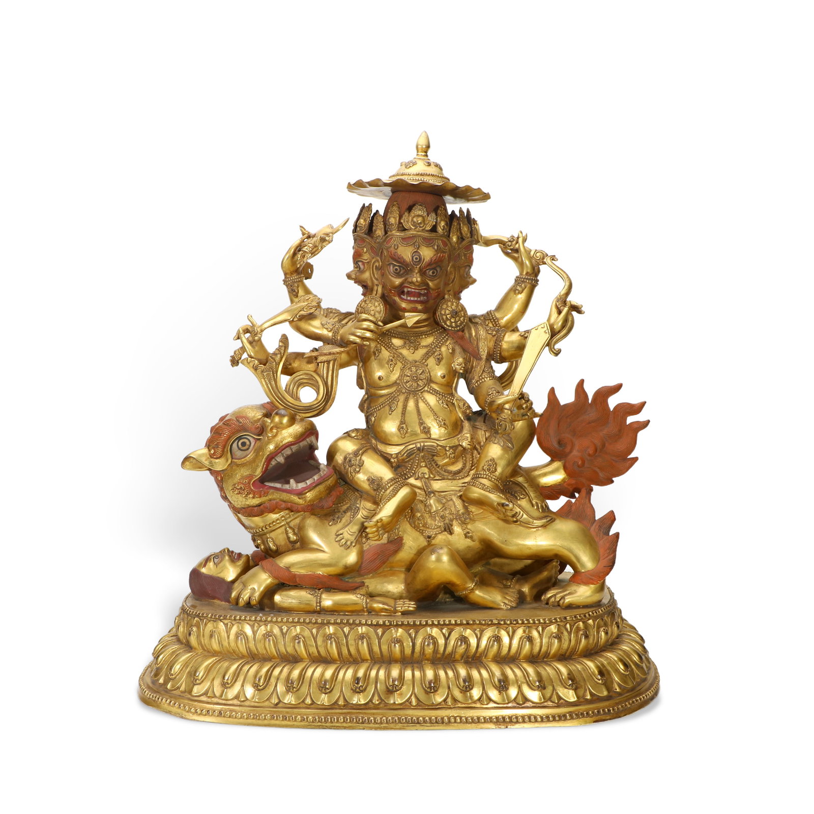 Chinese Gilt Copper Lion-Riding Statue Ming Dynasty: Height 50cm, Width 46.5cm, Depth 30cm