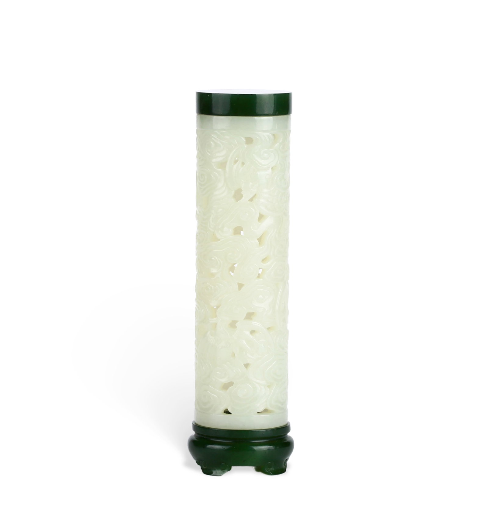 Chinese Hetian white jade incense holder with bat and cloud pattern: Height 15.5cm, Width 3.5cm.