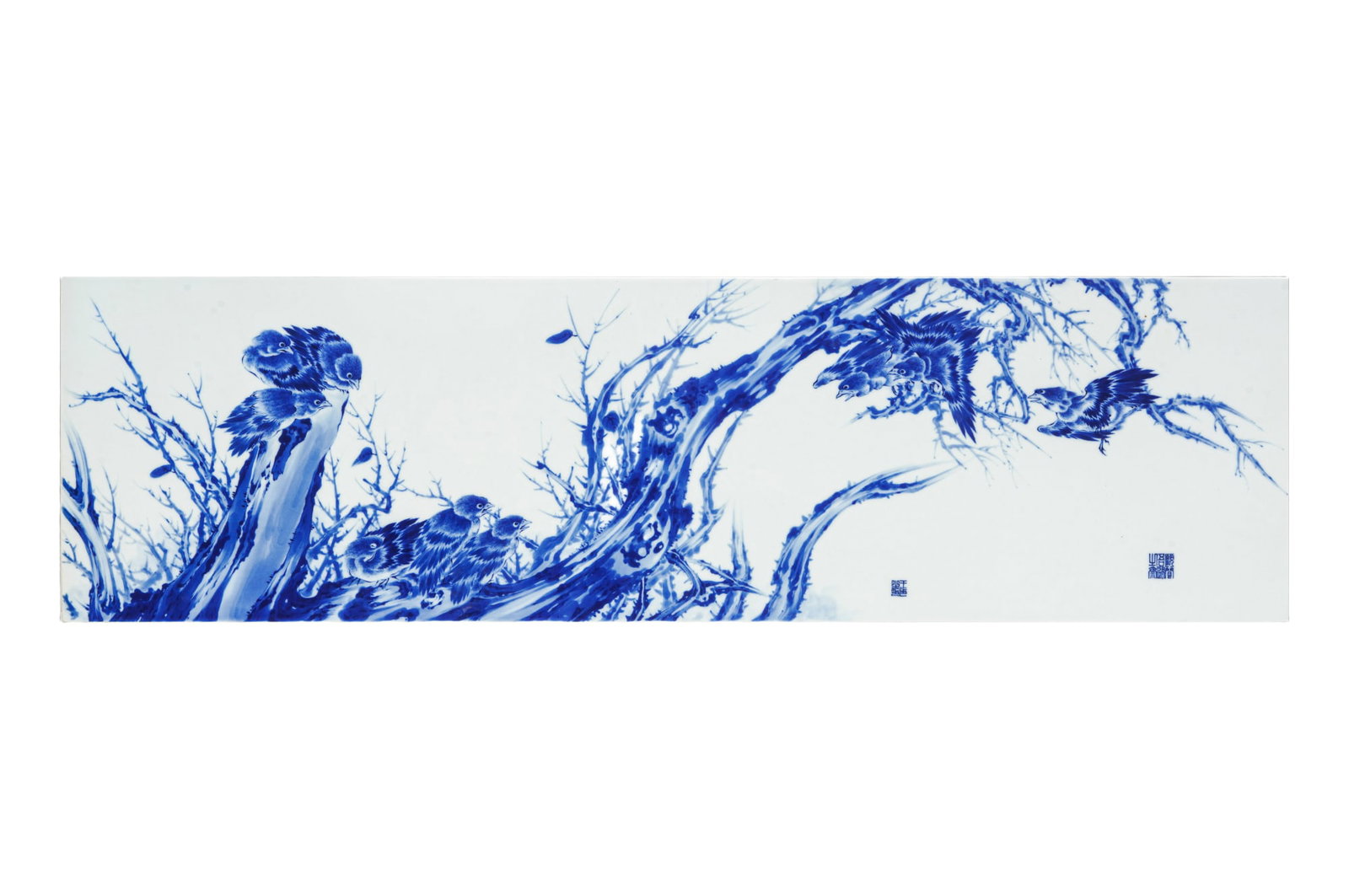 Chinese Wang Bumarks Mark Blue and White Porcelain Plaque with Flowers and Birds (one of the Eight: Length 82cm Width 23cm