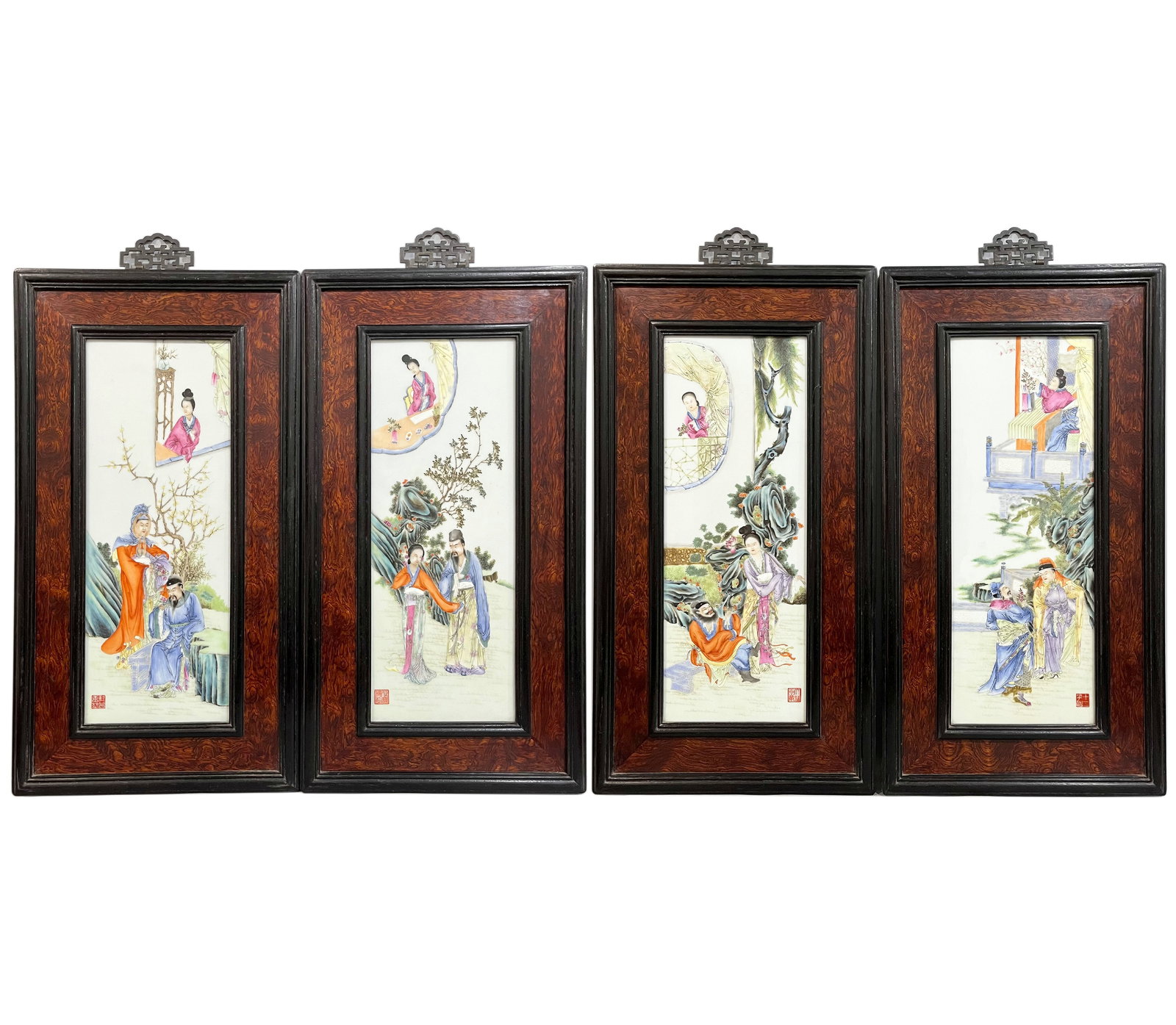 Chinese A set of Wang Dafan Mark famille rose porcelain plaques depicting twelve flower goddesses.: The outer frame is 67 cm high and 35 cm wide, while the inner panel is 50 cm high and 20 cm wide.