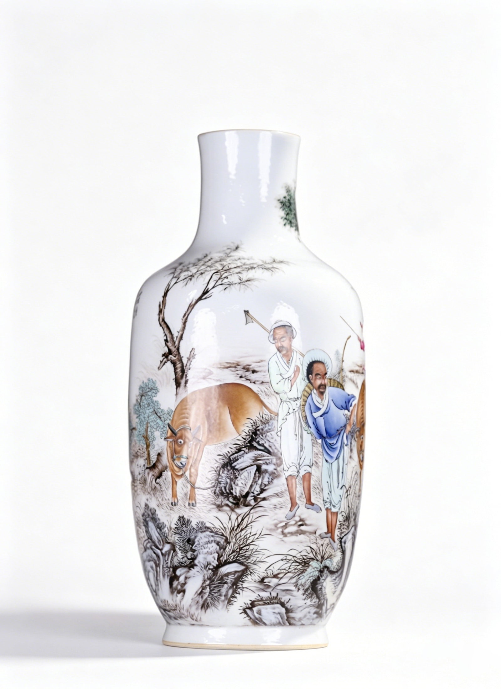 Chinese Qing Dynasty famille rose enamel lantern vase with cattle herding scene: Height 45cm, belly diameter 18cm