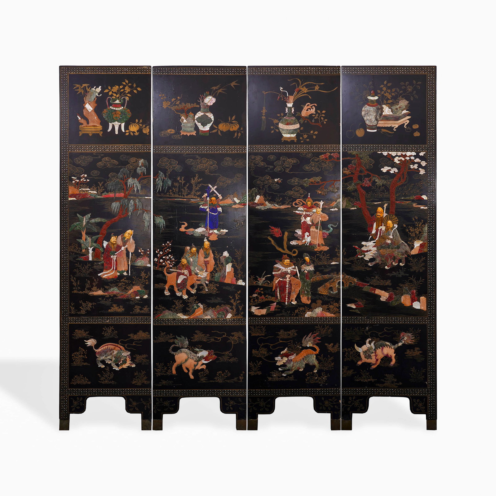 Chinese Four-panel lacquer screen inlaid with various treasures, antique figures, and stories (1 of 12)