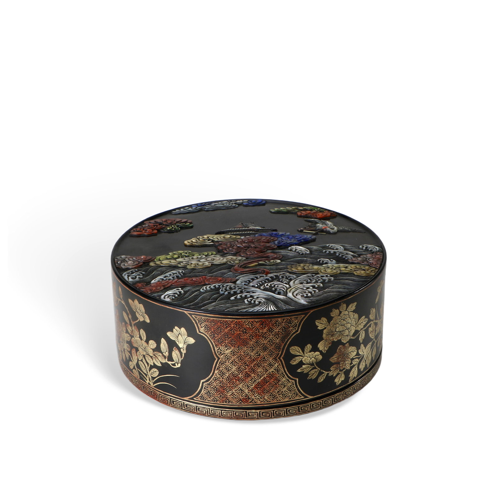 Chinese Lacquer Inlaid Treasure Box: Height 7.5cm, Diameter 18cm