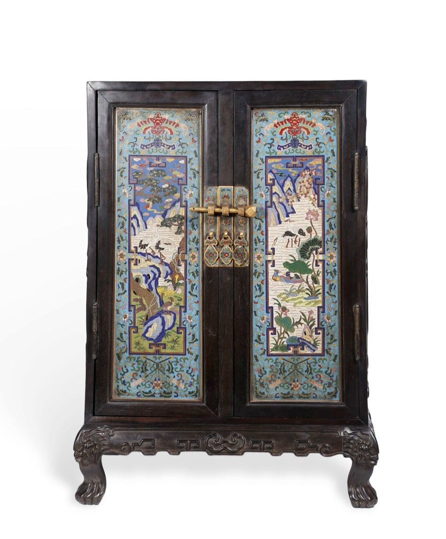 Chinese Rosewood book box inlaid with copper cloisonn?? enamel landscape and bird patterns: Length 42cm, Width 28cm, Height 57.5cm