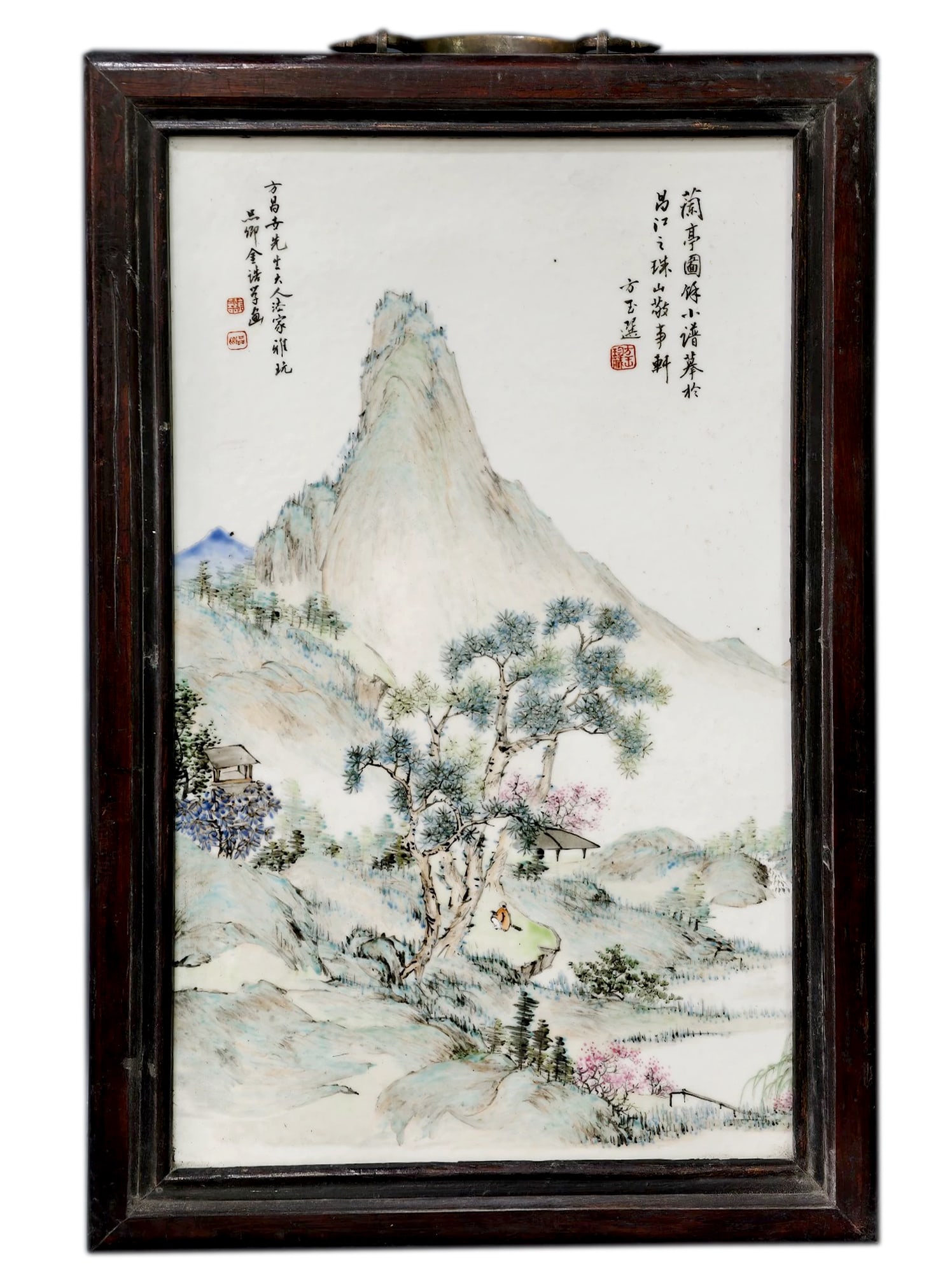 Chinese Jin Pinqing Mark light-colored landscape porcelain plaque: Total height 48cm, width 32cm