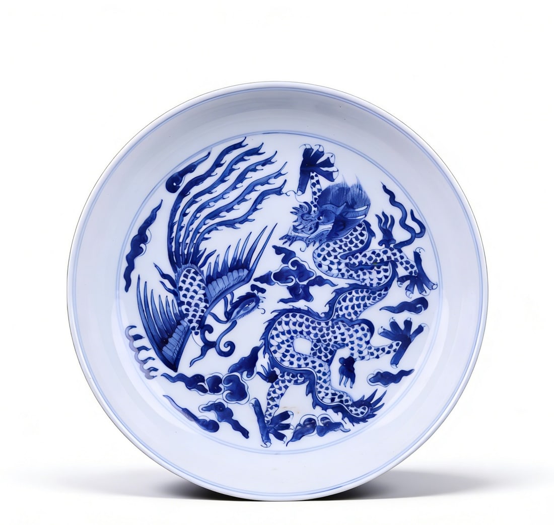 Chinese Qing Dynasty Guangxu Mark blue and white dragon and phoenix pattern plate (1 of 5)