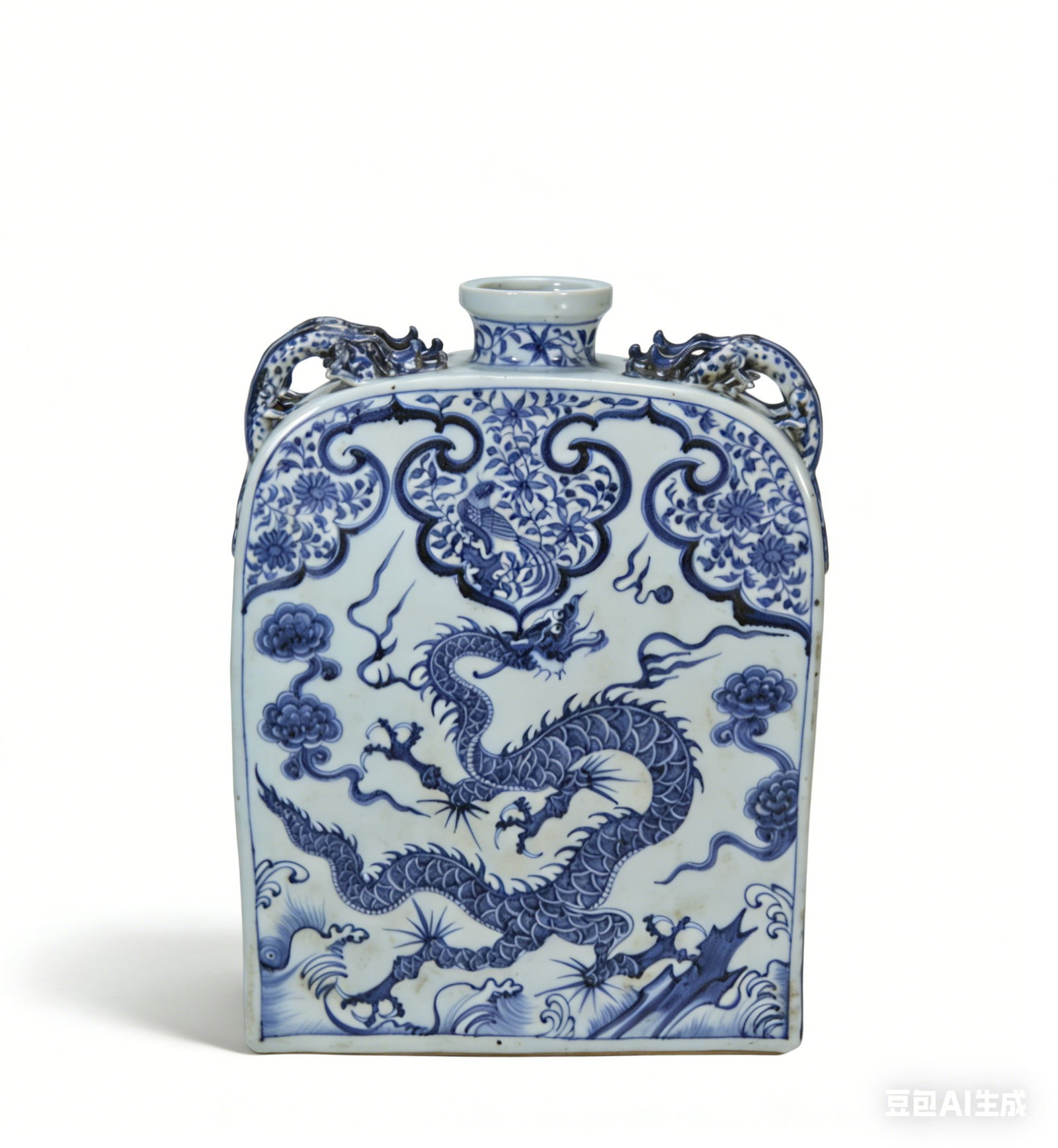 Chinese Yuan Dynasty Blue and White Flat Bottle with Sea Dragon Design: Height 37cm Width 28cm