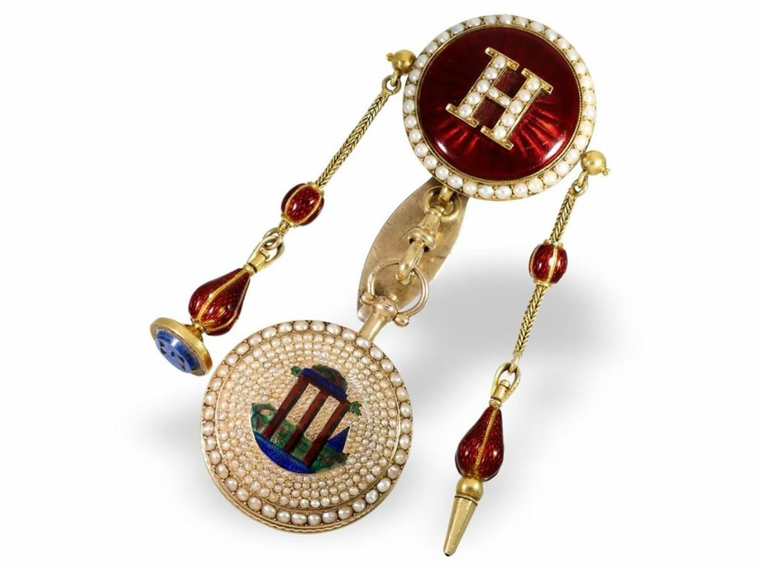 Exquisite 18K gold enamel and pearl-set pocket watch (1 of 4)