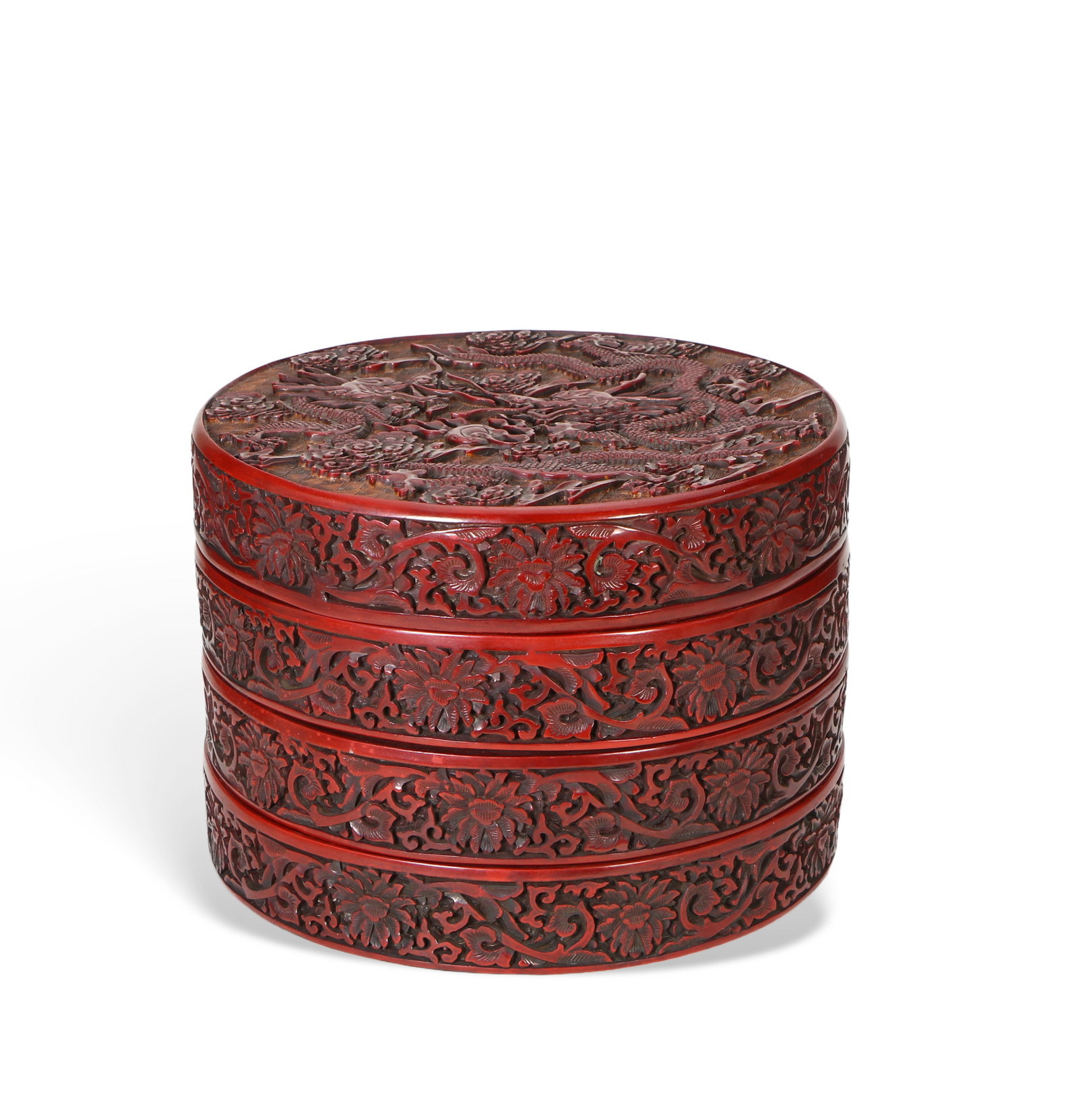 Chinese A four-tiered round box with dragon design and an inscription Qianlong mark: Height 15.5cm, Diameter 23.2cm