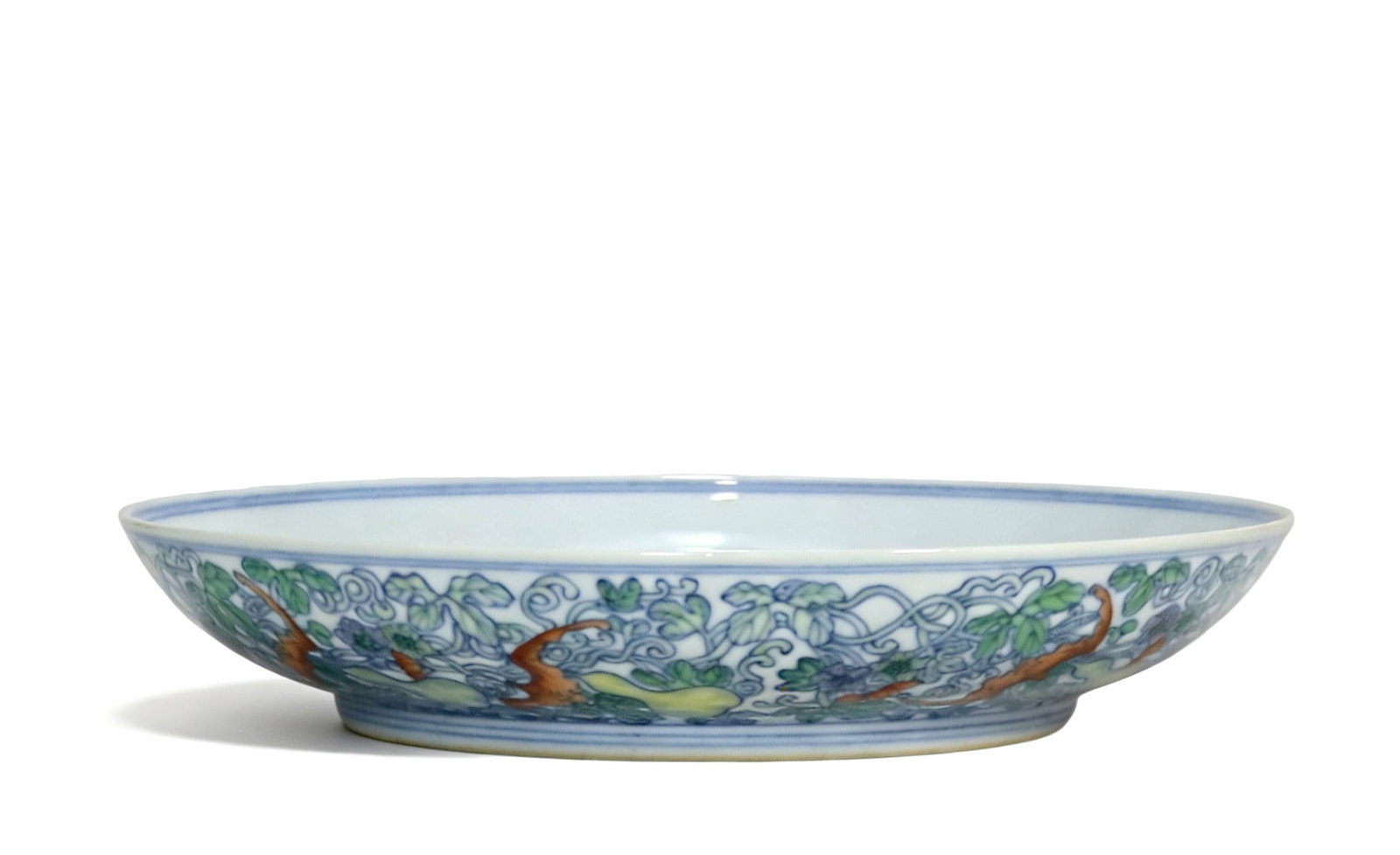 Chinese Qing Dynasty Doucai Plate with Longevity and Fortune Design: Height 3.6cm, Mouth Diameter 19.5cm