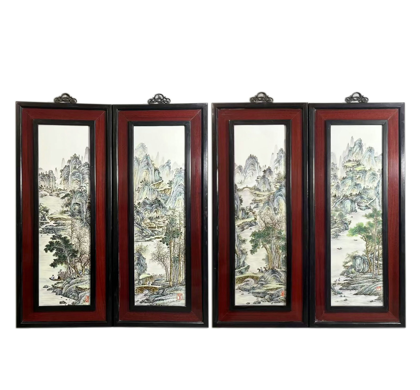 Chinese A set of Wang Yeting Mark famille rose landscape porcelain plaques: The outer frame is 92 cm high and 39 cm wide, while the inner panel is 75 cm high and 23 cm wide.