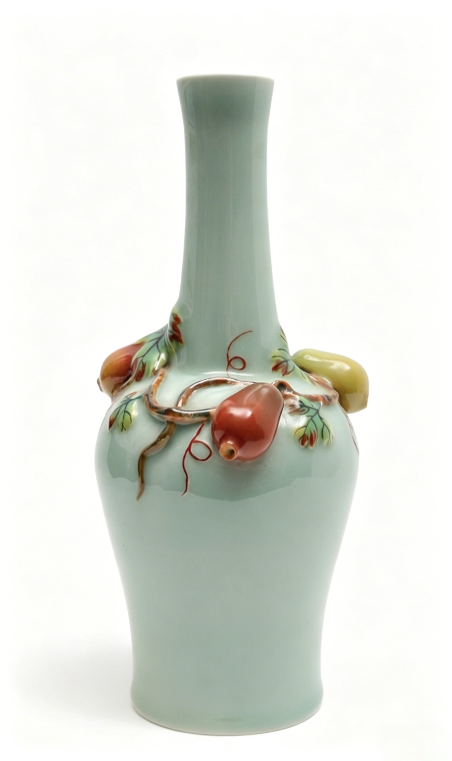 Chinese Qing Dynasty Qianlong Mark Celadon bottle with molded fruit and melon patterns: Length 12cm, Height 26.5cm