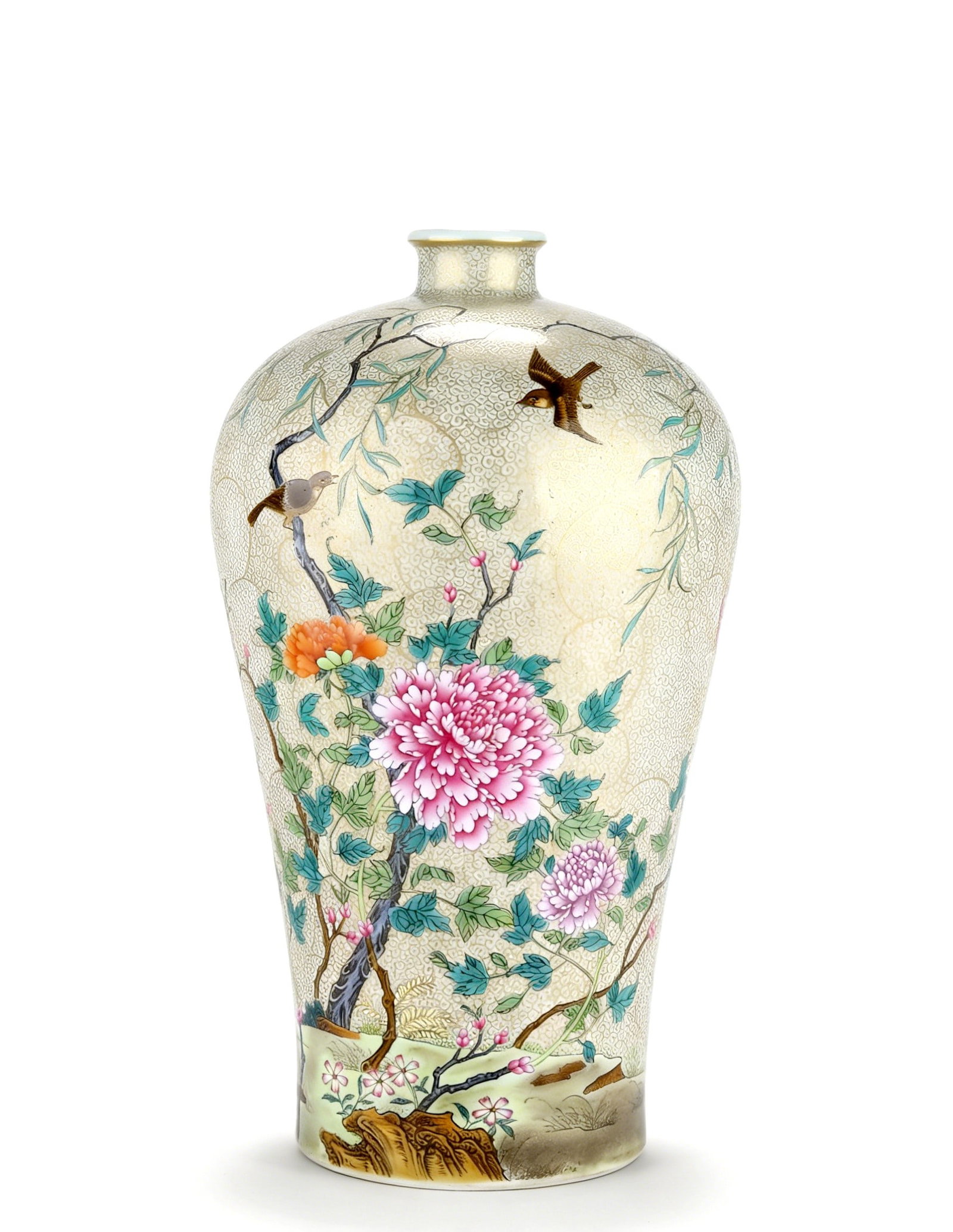 Chinese Qing Dynasty Yongzheng Mark Famille Rose Swallow Plum Vase: Height 34.5cm, Belly diameter 19cm