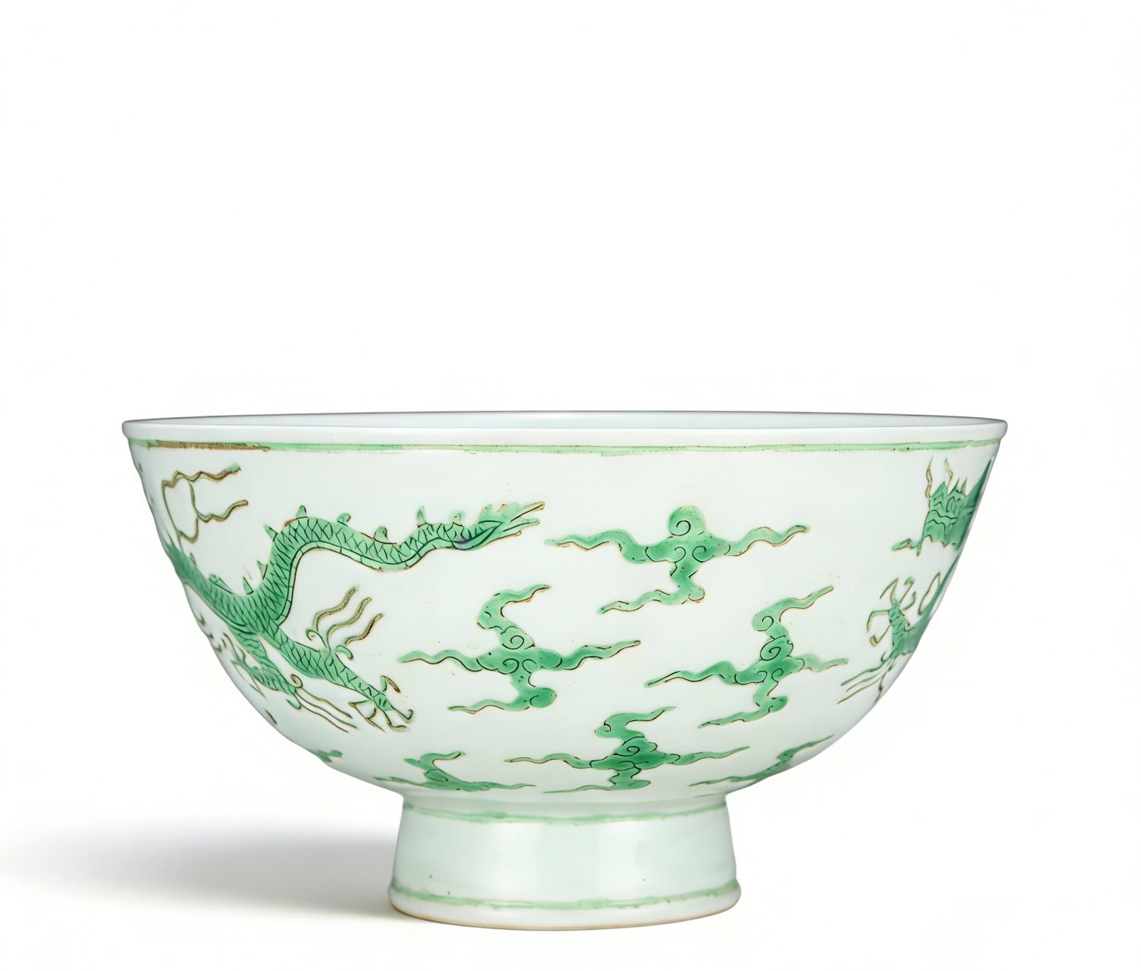 Chinese Ming Dynasty Zhengde Mark White-glazed high-footed bowl with green dragon and cloud design (1 of 5)