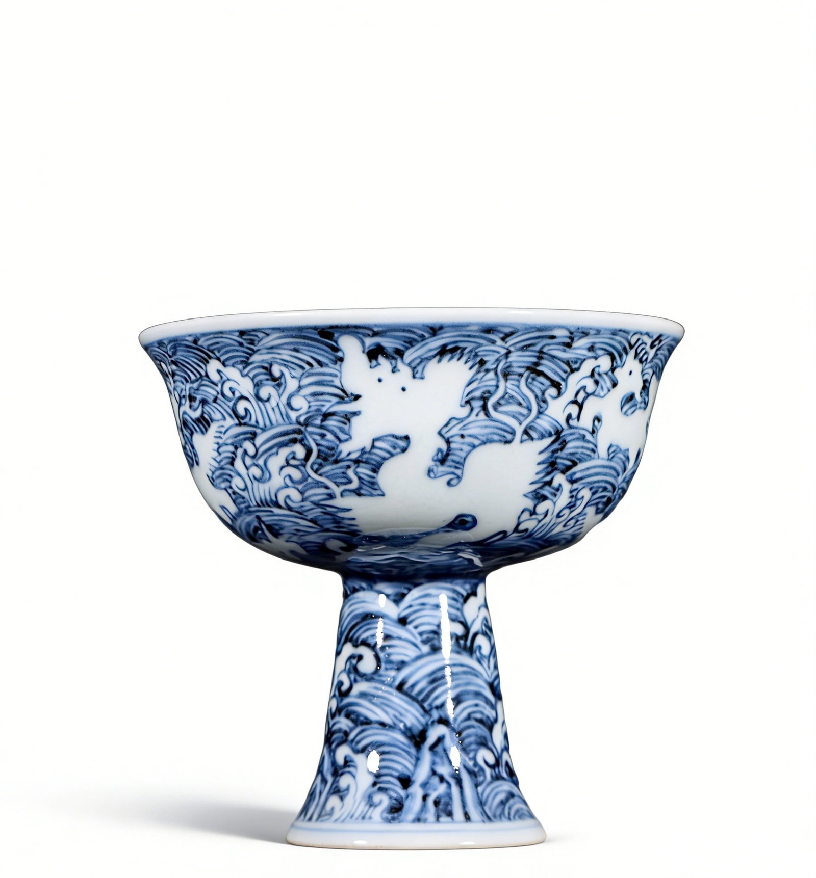 Chinese Ming Dynasty Xuande Mark Blue and white porcelain stem cup with sea creature design: Height 8.3cm, Width 9cm