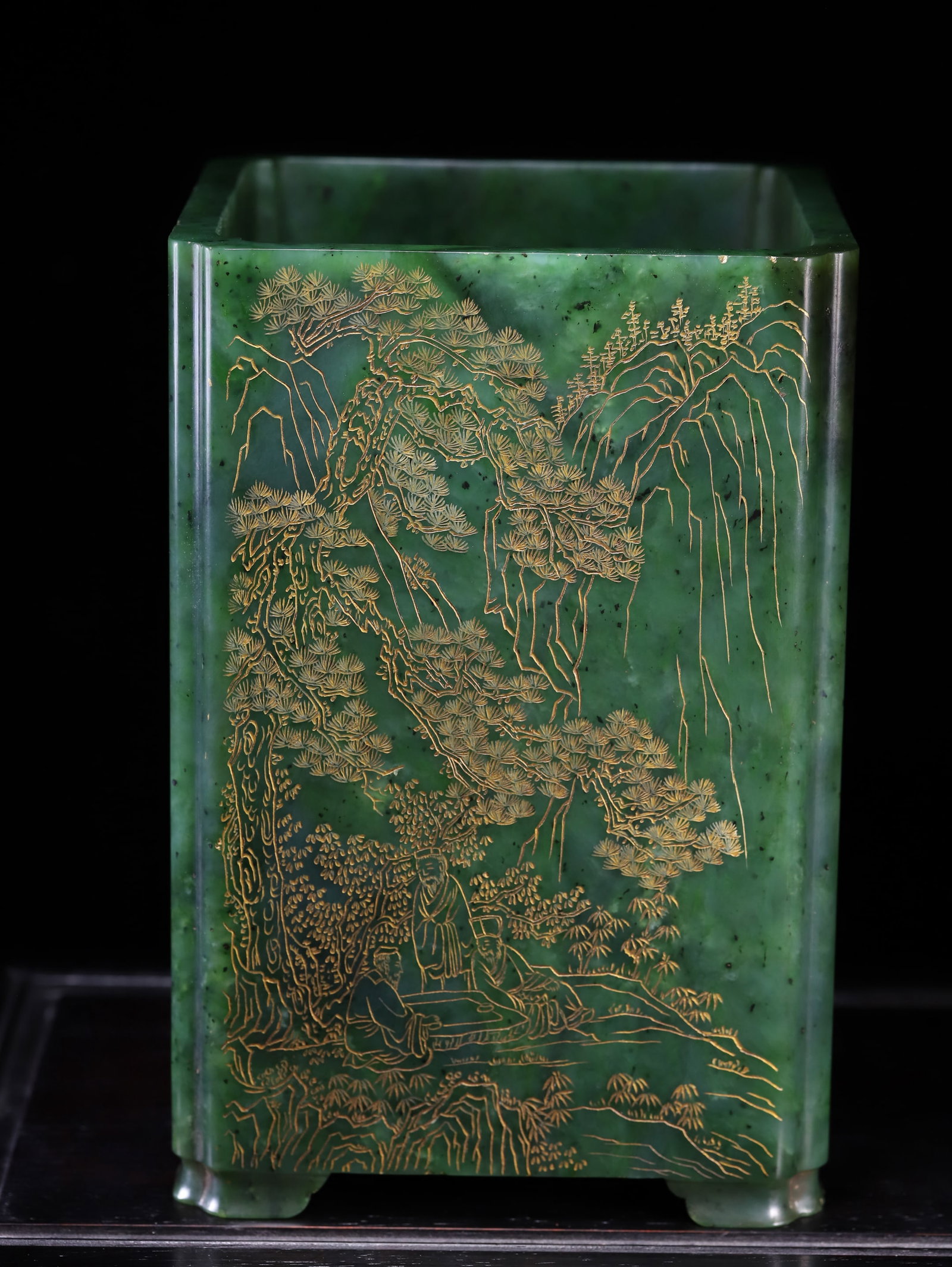 Chinese Hetian jade green jade landscape and figure poetry pen holder (1 of 9)