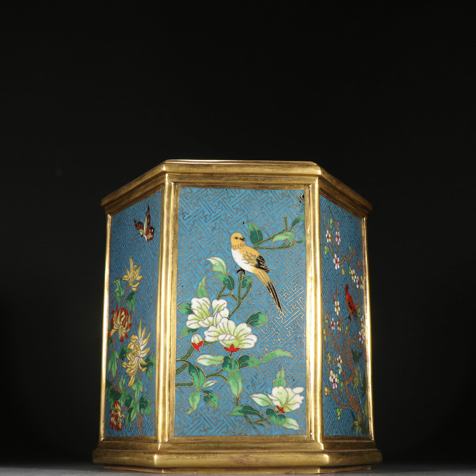 Chinese Gilt Copper cloisonn?? hexagonal brush holder with floral and bird design (1 of 9)