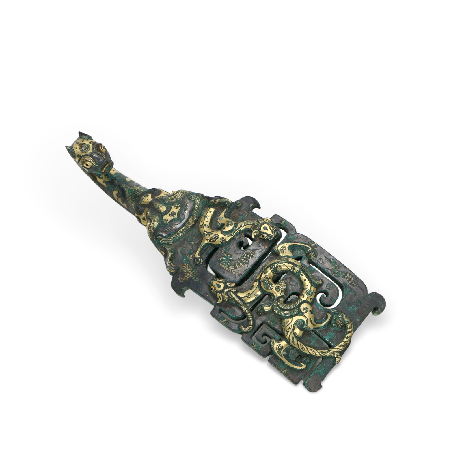 Chinese Copper Inlaid Gold Dragon Belt Hook: Length 20cm, Width 6.5cm, Thickness 2.5cm