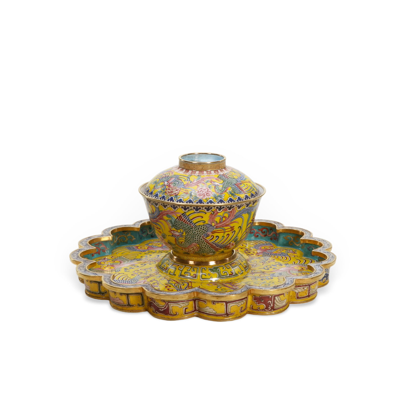 Chinese Copper-bodied painted enamel covered bowl with phoenix design: Height 12cm, Mouth diameter 10.8cm, Plate diameter 23.2cm