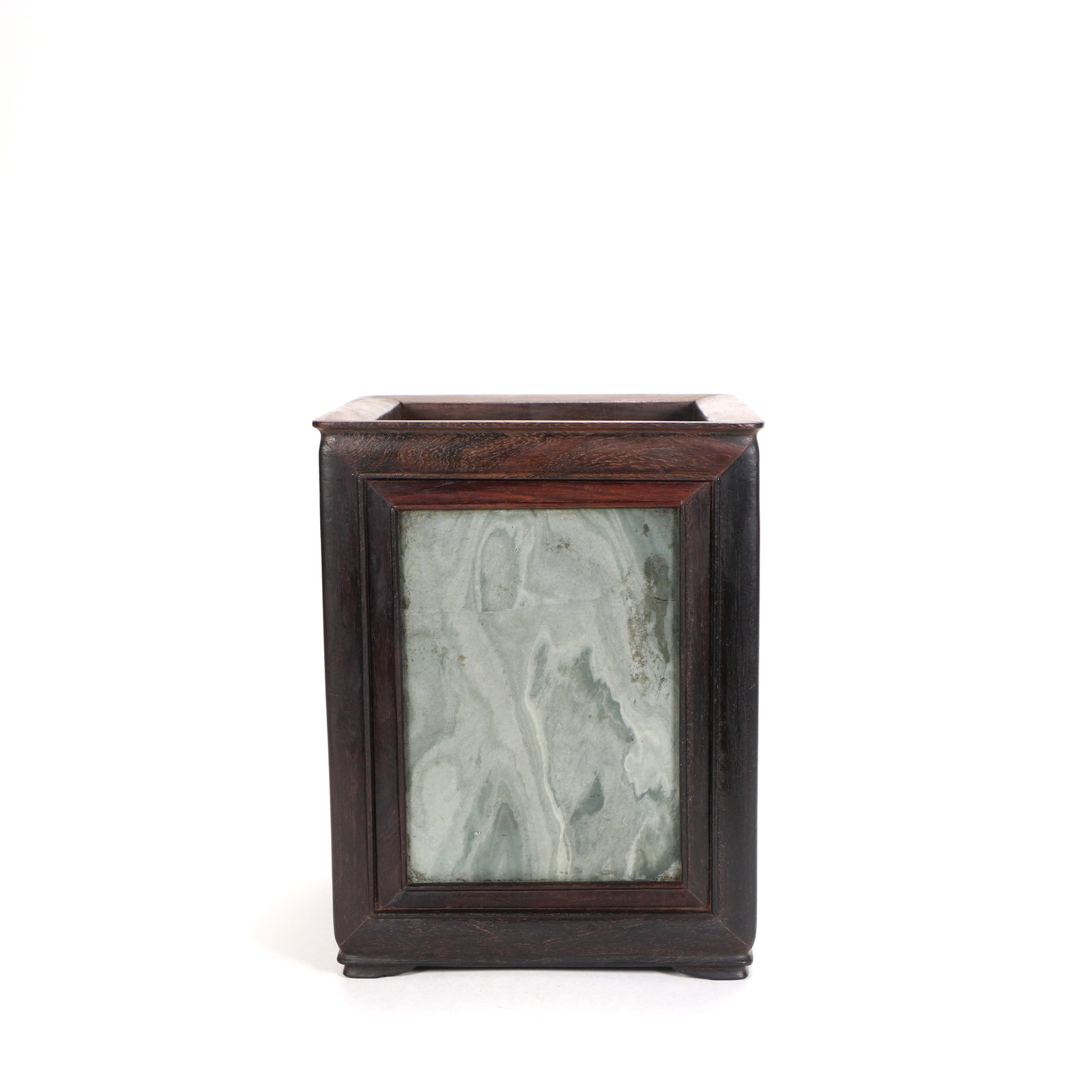 Chinese Rosewood pen holder inlaid with marble: Height 19cm, Width 14.8cm, Thickness 14.8cm